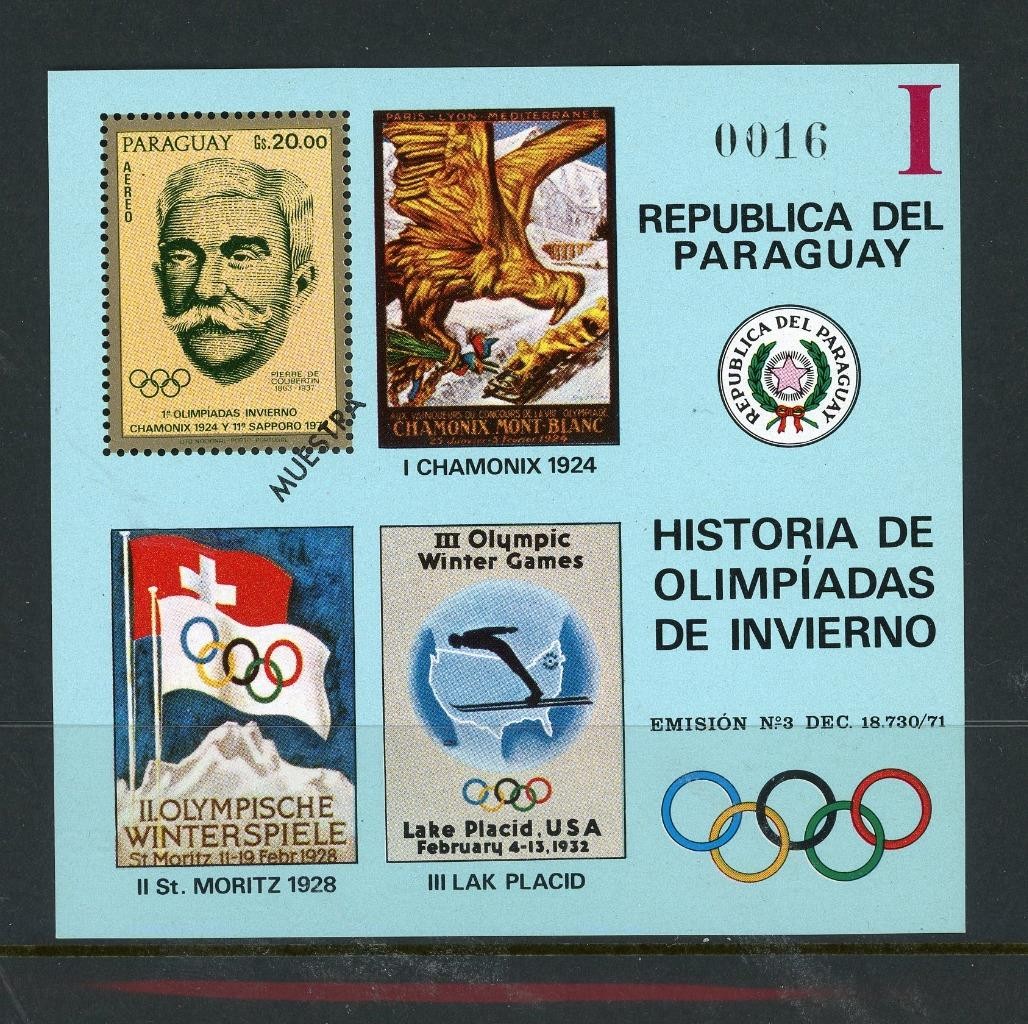 Paraguay 1972 Mi block  182 Olympics History Specimen  MH
