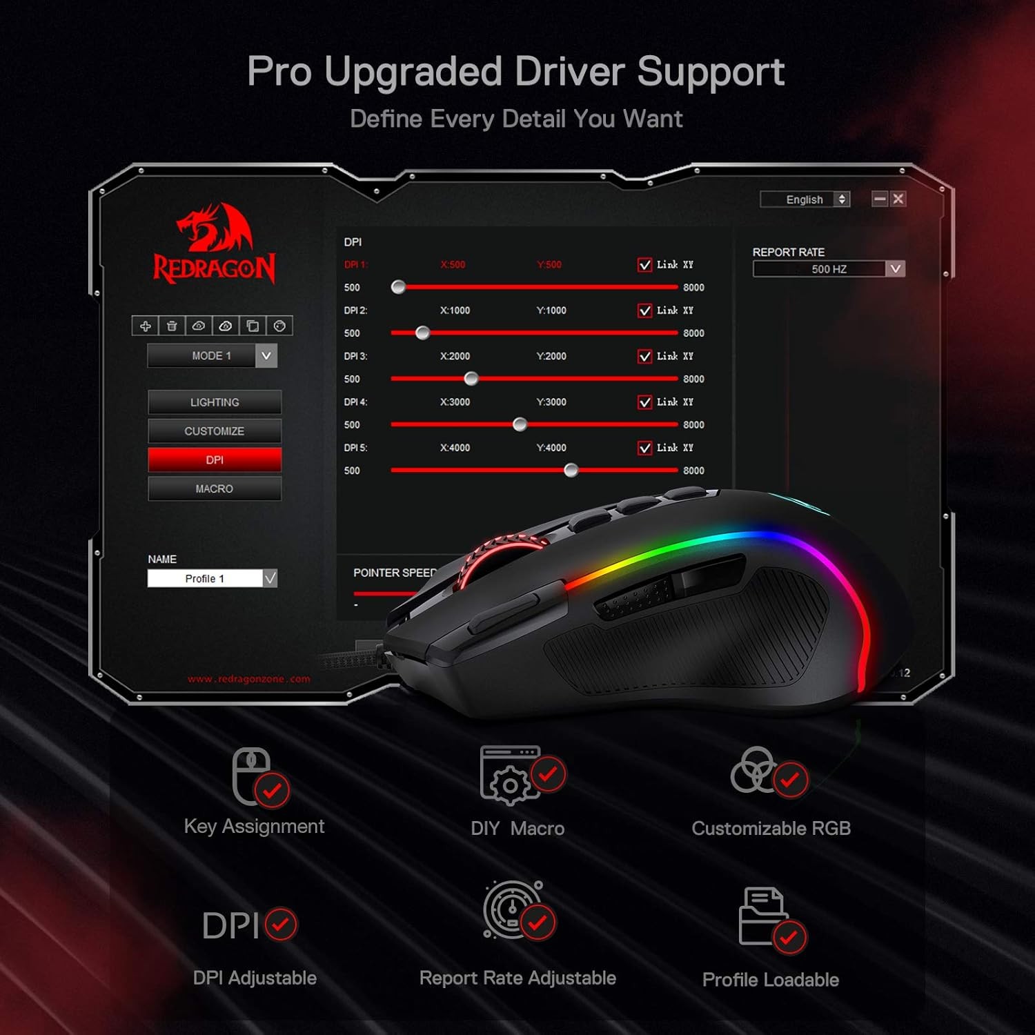 Redragon M612 Predator RGB Gaming Mouse, 8000 DPI Wired Optical Mouse