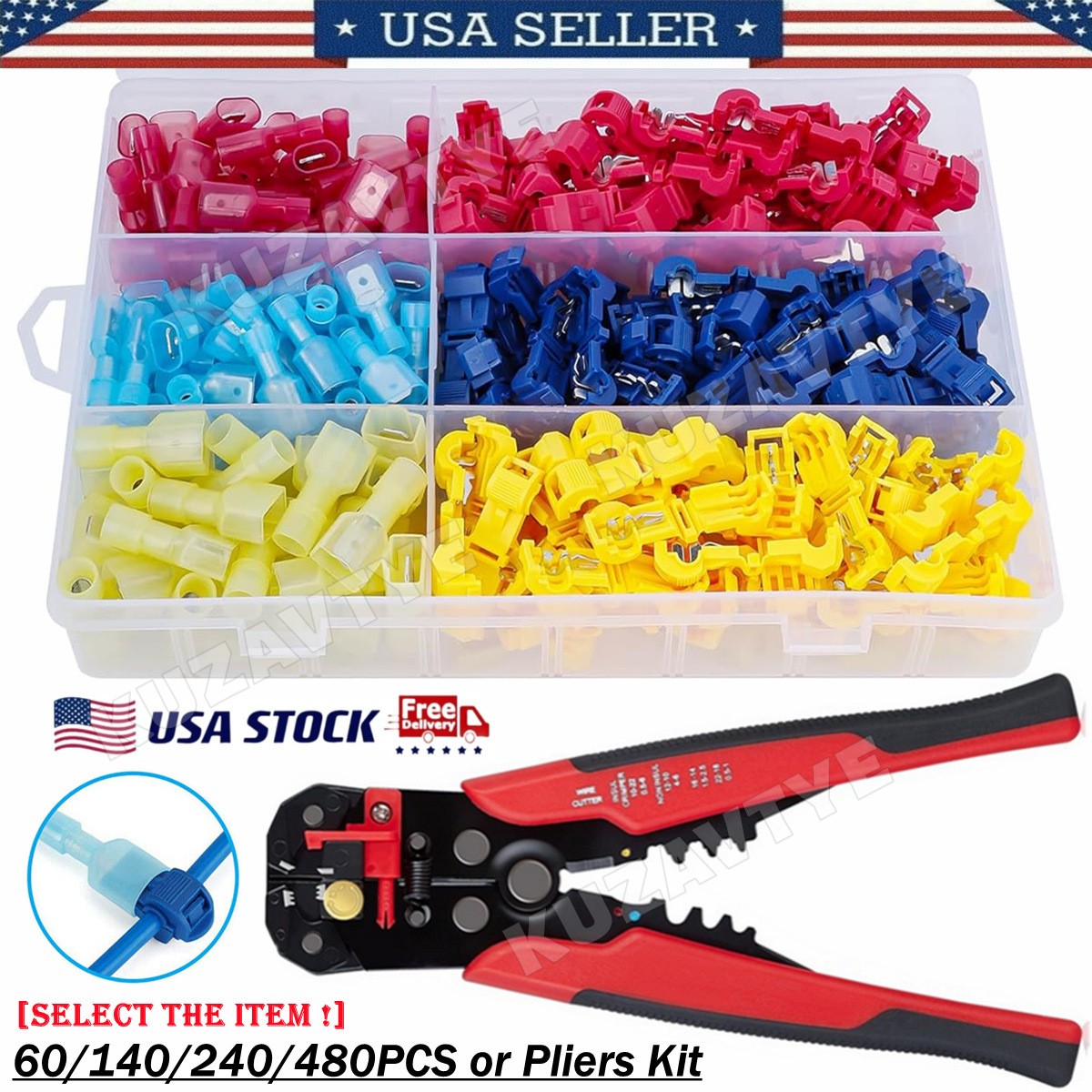 60/480Pcs T-Taps Wire Terminals Connectors Insulated 22-10 AWG Quick Splice Kit