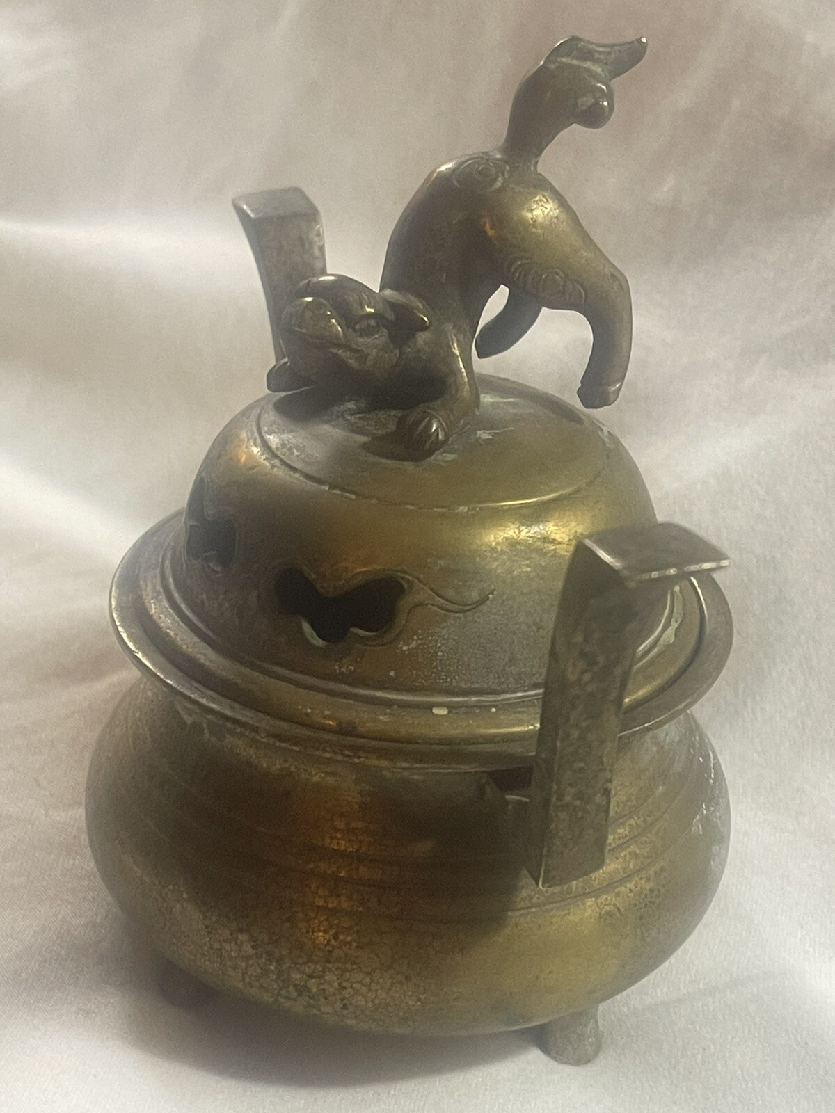 Antique Solid Brass Chinese Foo Dog Sensor Incense Burner Guardian Lion