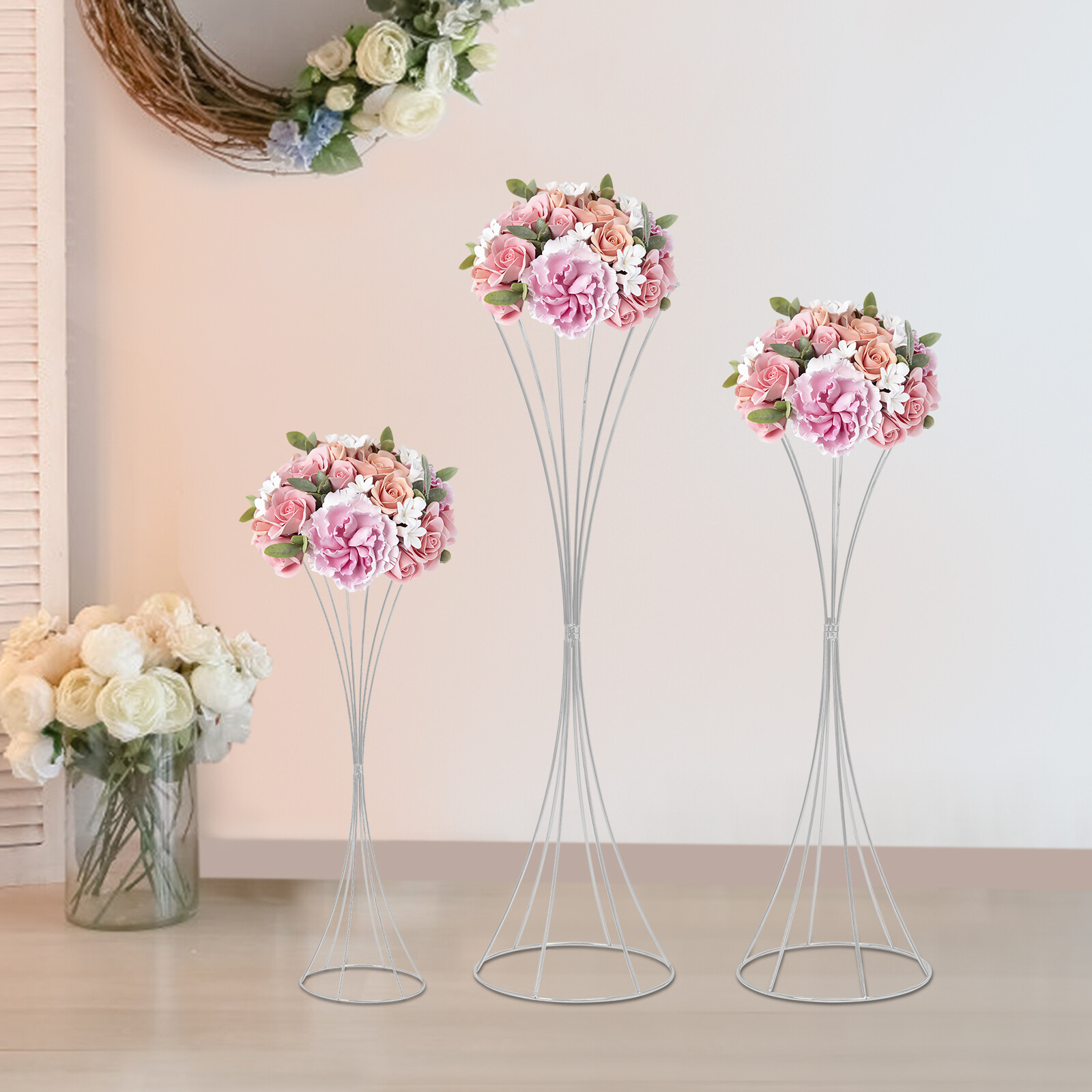 3pcs Modern Flower Stands Hourglass Shape Flower Stand Iron For Party Silver New