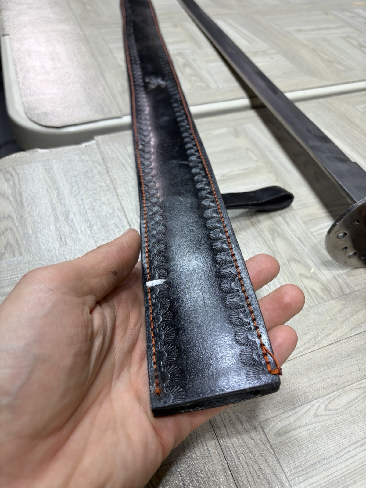 Pakistan Reproduction Battle Sword W Leather Sheath Wood Handle Metal Blade Vtg