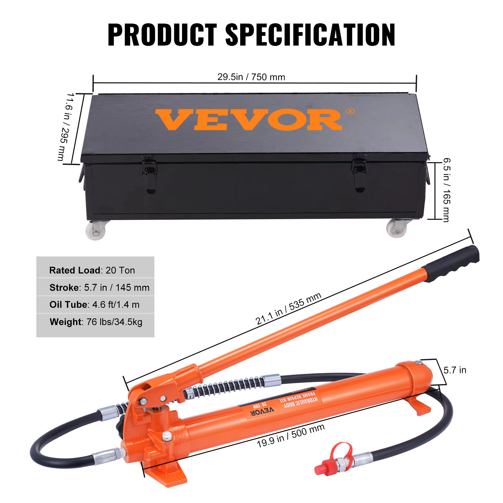 VEVOR 20 Ton Hydraulic Porta Power Jack Air Pump Lift Ram Body Frame Repair Kits