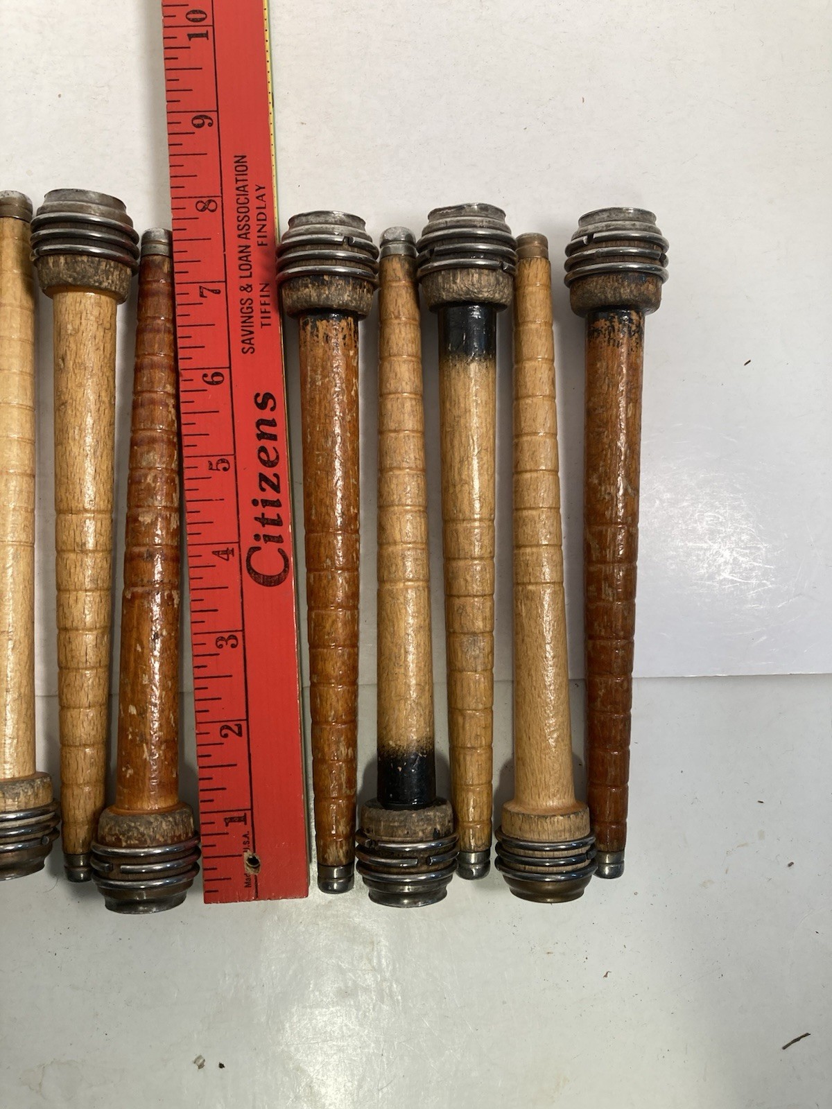 Wood Bobbins, 7.75" with METAL HEAD, Reclaimed Textile, quills - lot of 10