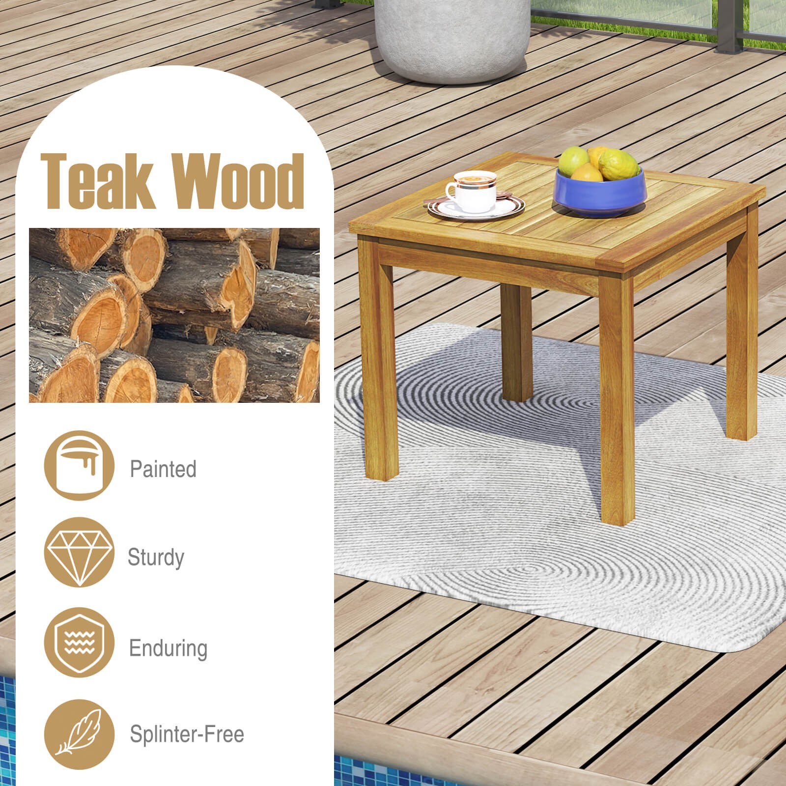 Outdoor Square Teak Wood End Table Coffee Table for Porch Deck Garden Patio