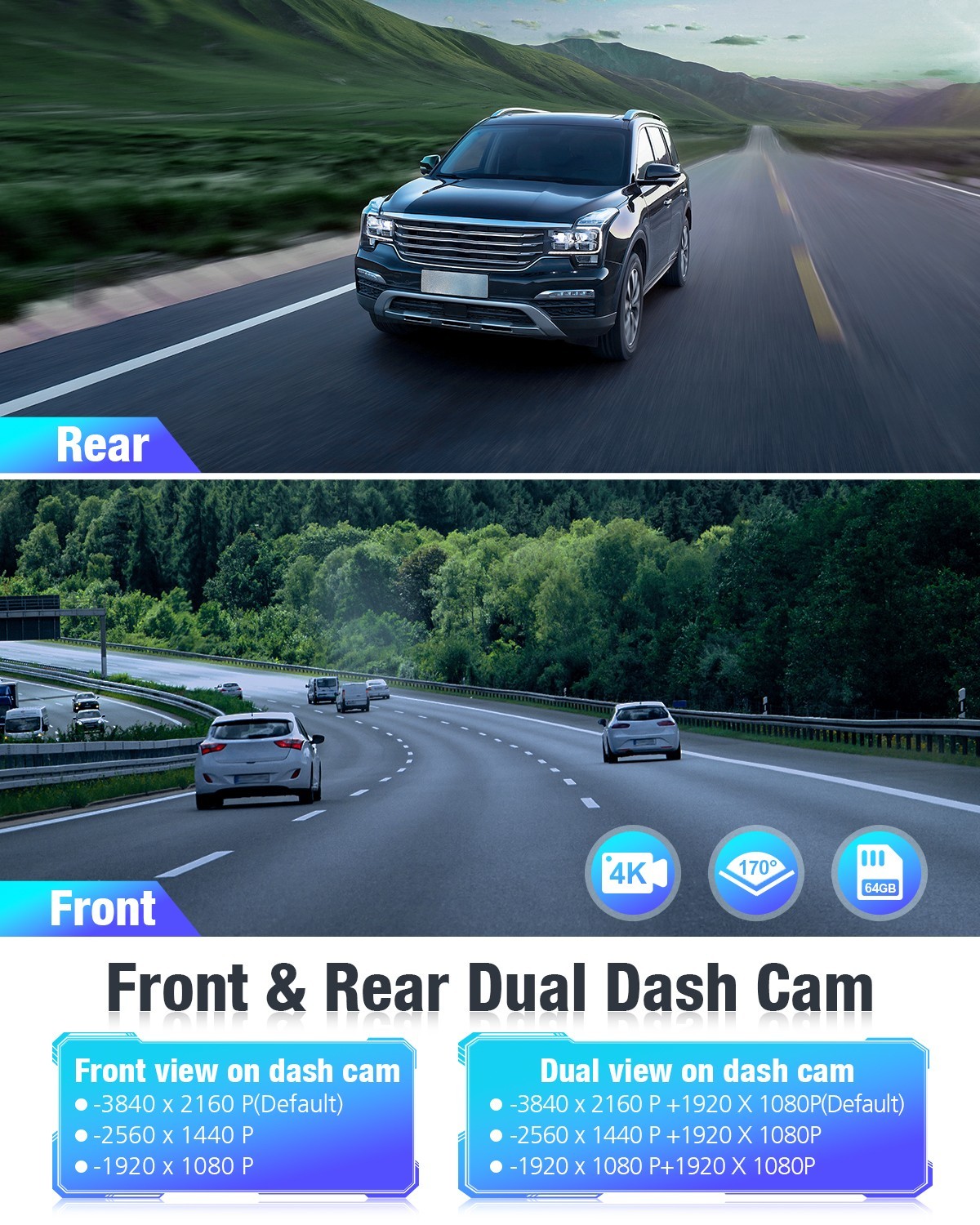 4K Dash Cam Front and Rear Dash Camera Car DVR WiFi APP GPS with 64GB Card