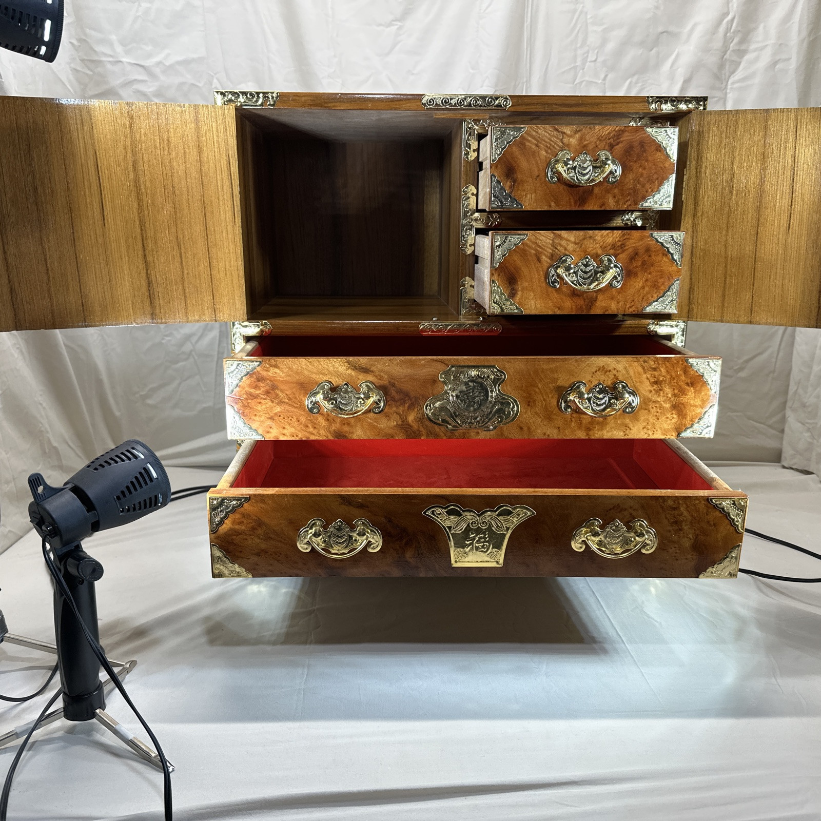 Vintage Asian Burl Wood and Brass Tansu Chest Mid Century 1970's Elegant