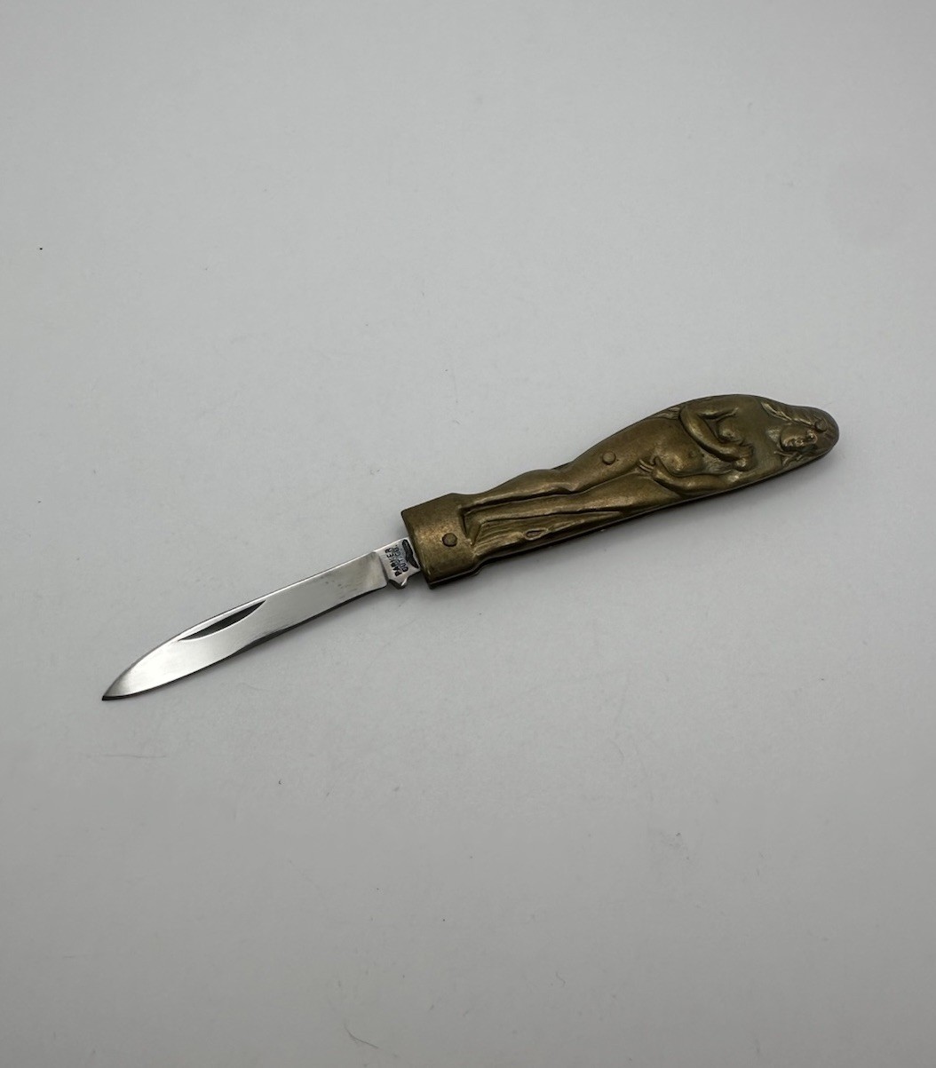 SMALL Vintage Parker Cut Co Pocket Knife Brass Nude Lady Figure JAPAN NOVELTY