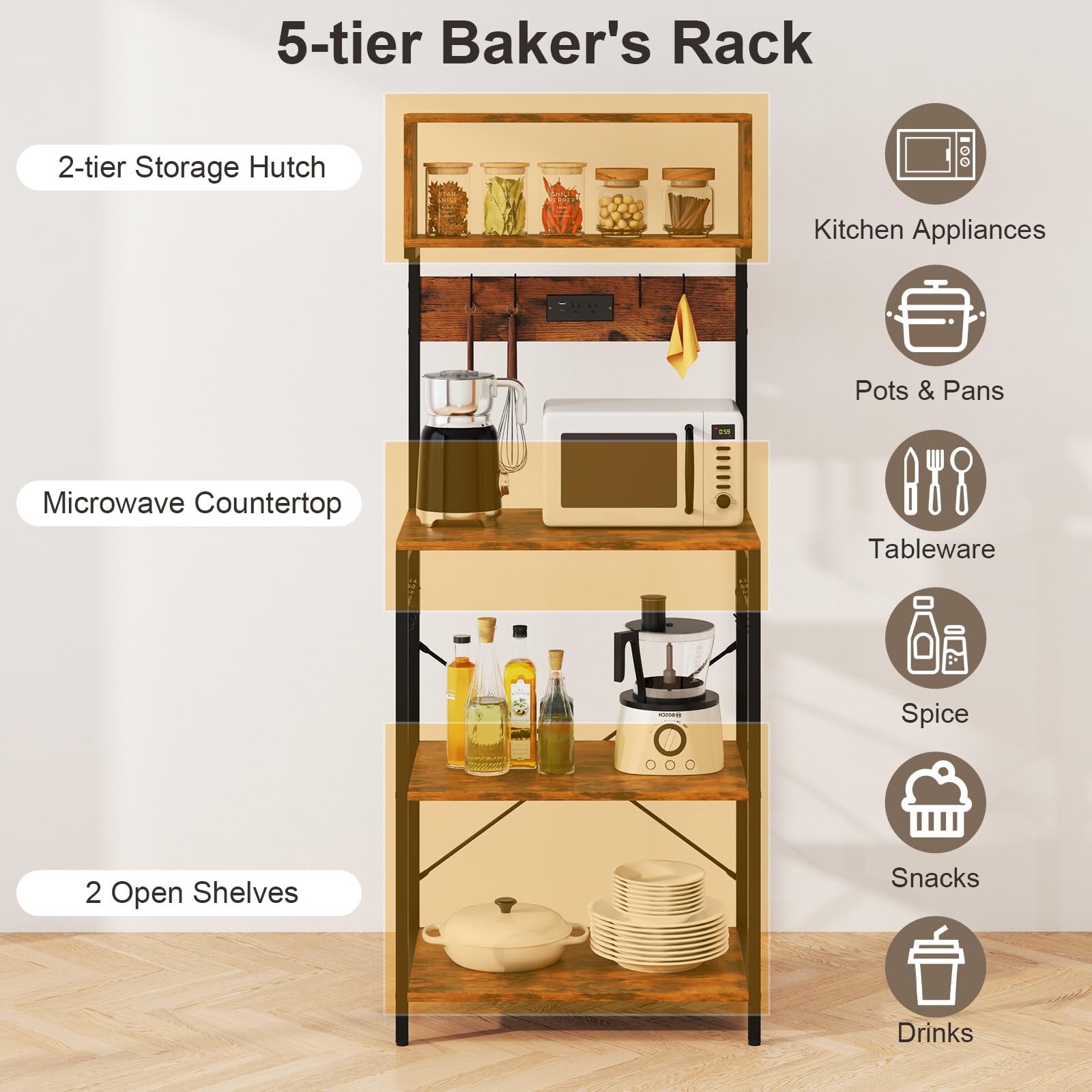 Baker’s Rack with Power Outlet, 5-Tier Microwave Stand with Open Shelves