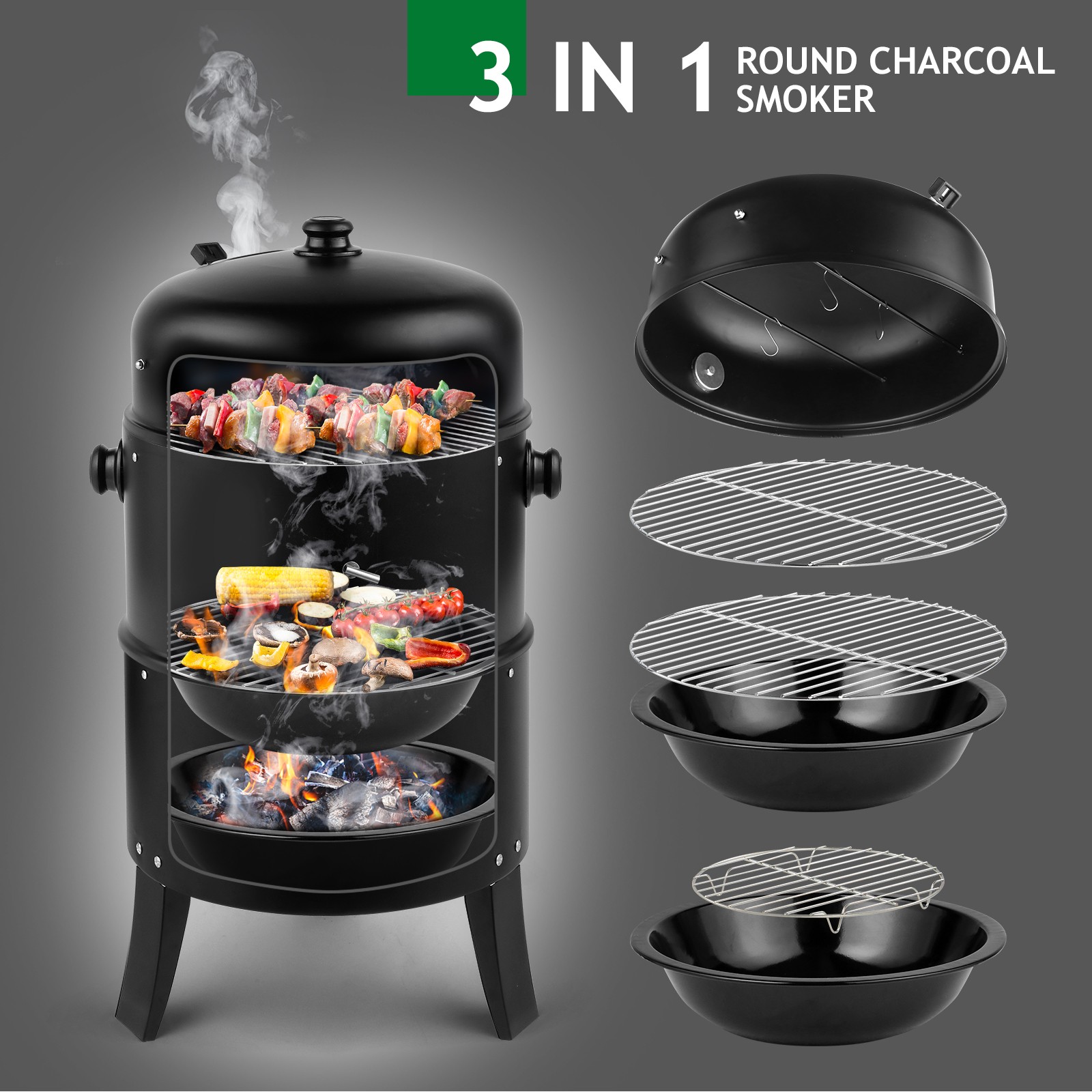 32" Charcoal Smoker BBQ Grill 3IN1 Outdoor Vertical Smoke Portable Meat Cooker