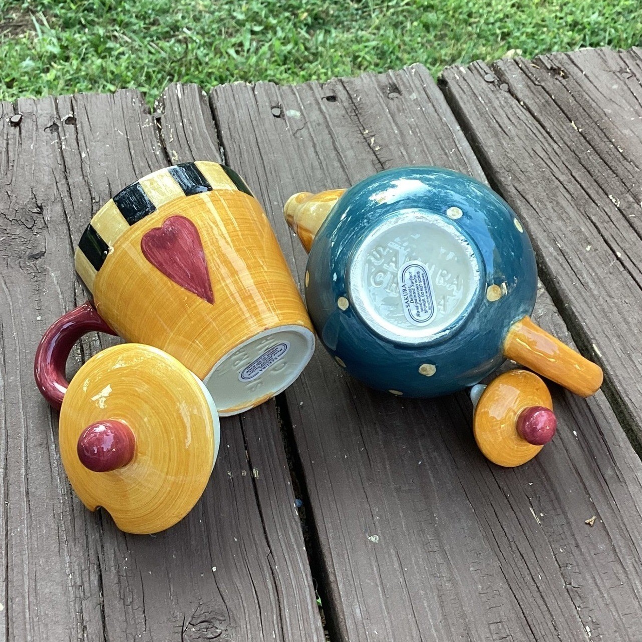 Sakura Hand Painted Ceramic Teapot and Sugar Bowl Set Whimsical Heart Polka Dot
