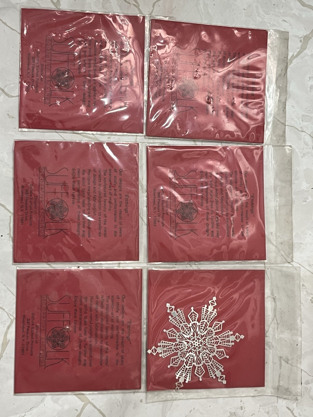 6 Vintage SNOWFLAKE Silver Plated Brass Christmas Ornaments SUFFOLK ETCHINGS NEW