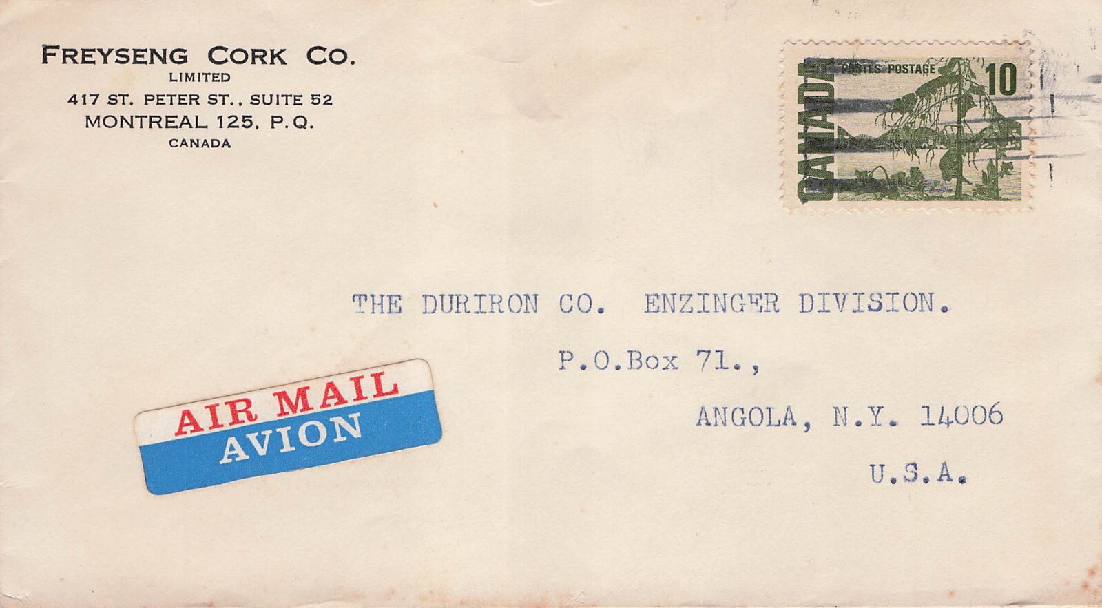Canada Freyseng Cork Co to Duriron CompanyAngola NY Airmail Cover CV03