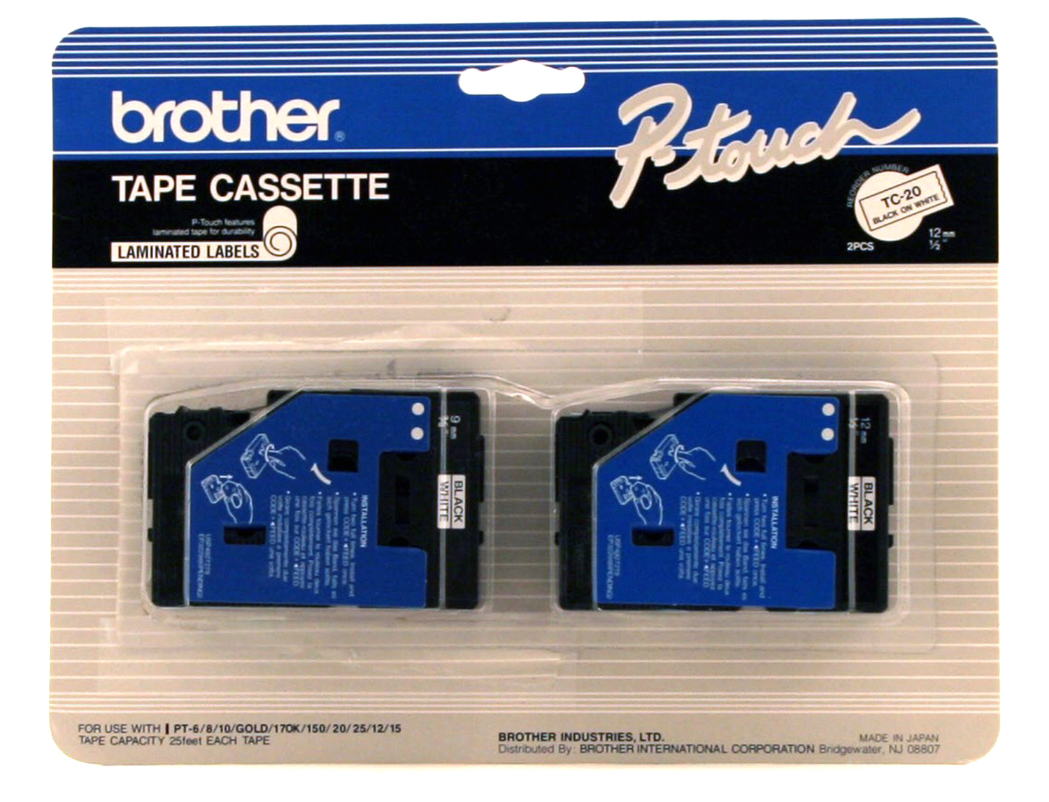 New Brother TC20 Black on White Tape 1/2" P-touch, Ptouch TC-20