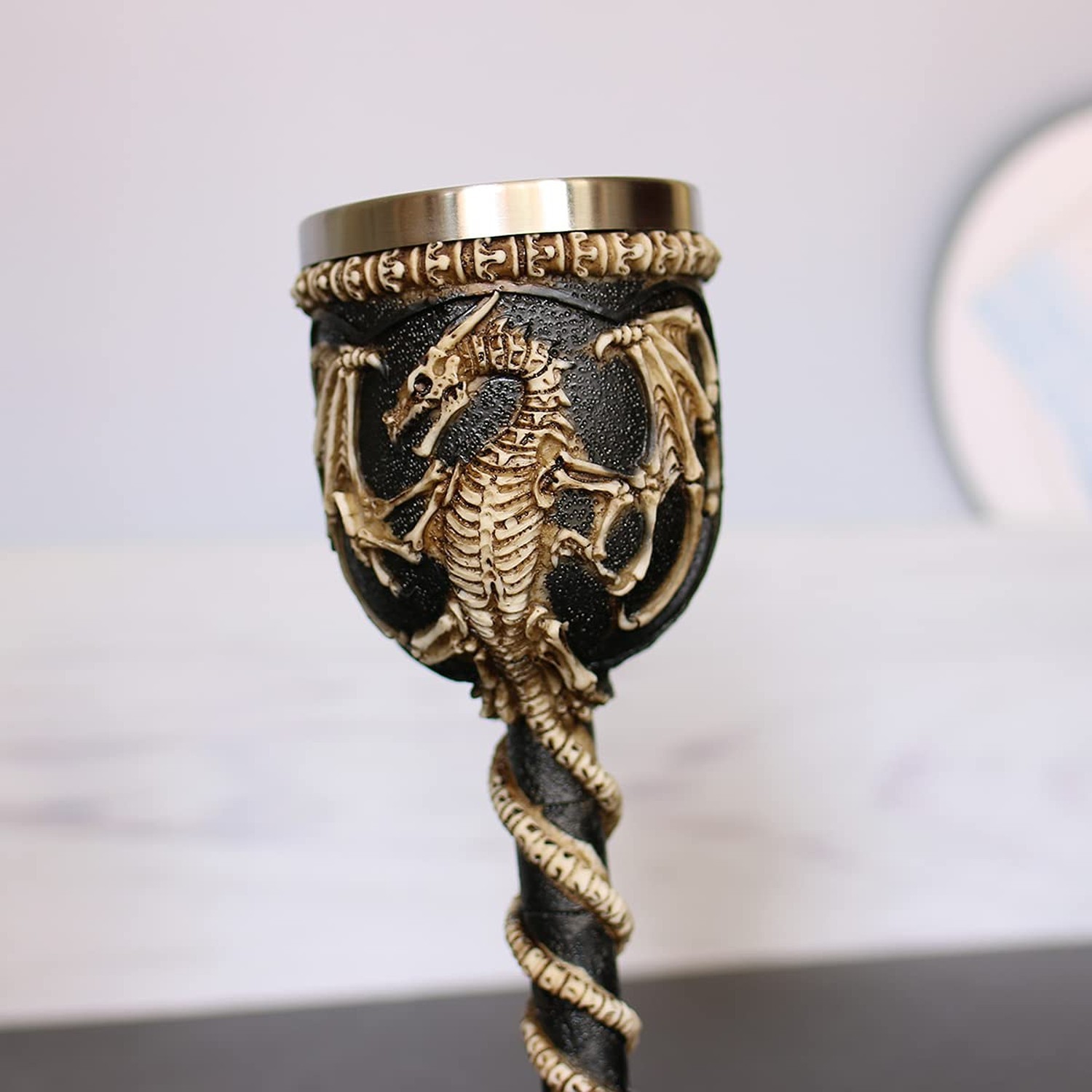 Stainless Steel Medieval Dragon Chalice Goblet, Gothic Dragon Skeleton Ossuar...