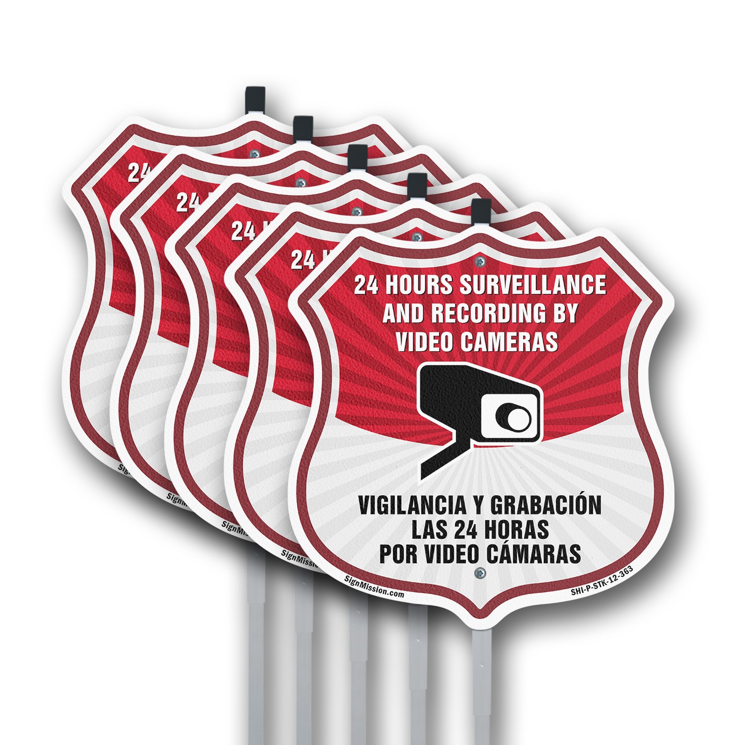 Bilingual 24 Hour Surveillance Shield Sign 24 Hour Surve Shield Sign With Stake