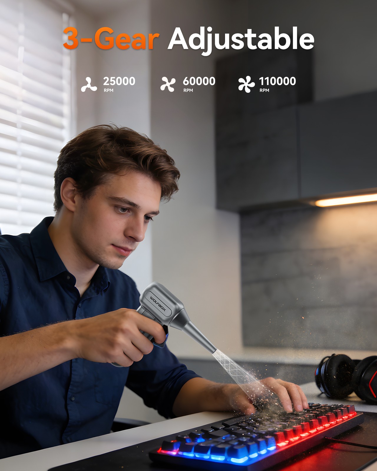 WOLFBOX DF60 110000RPM Compressed Air Duster 3-Speed w/ 5 Nozzles, Fast Charging