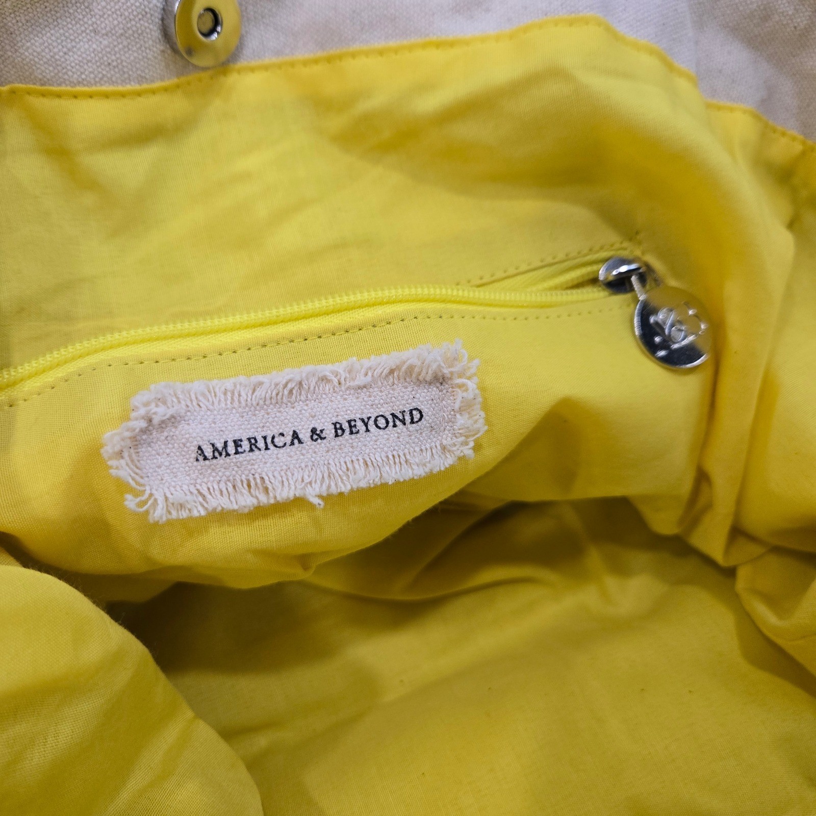 America & Beyond Beaded Lemon Tote Bag Silver Lurex Pom Pom Trim Yellow Lining