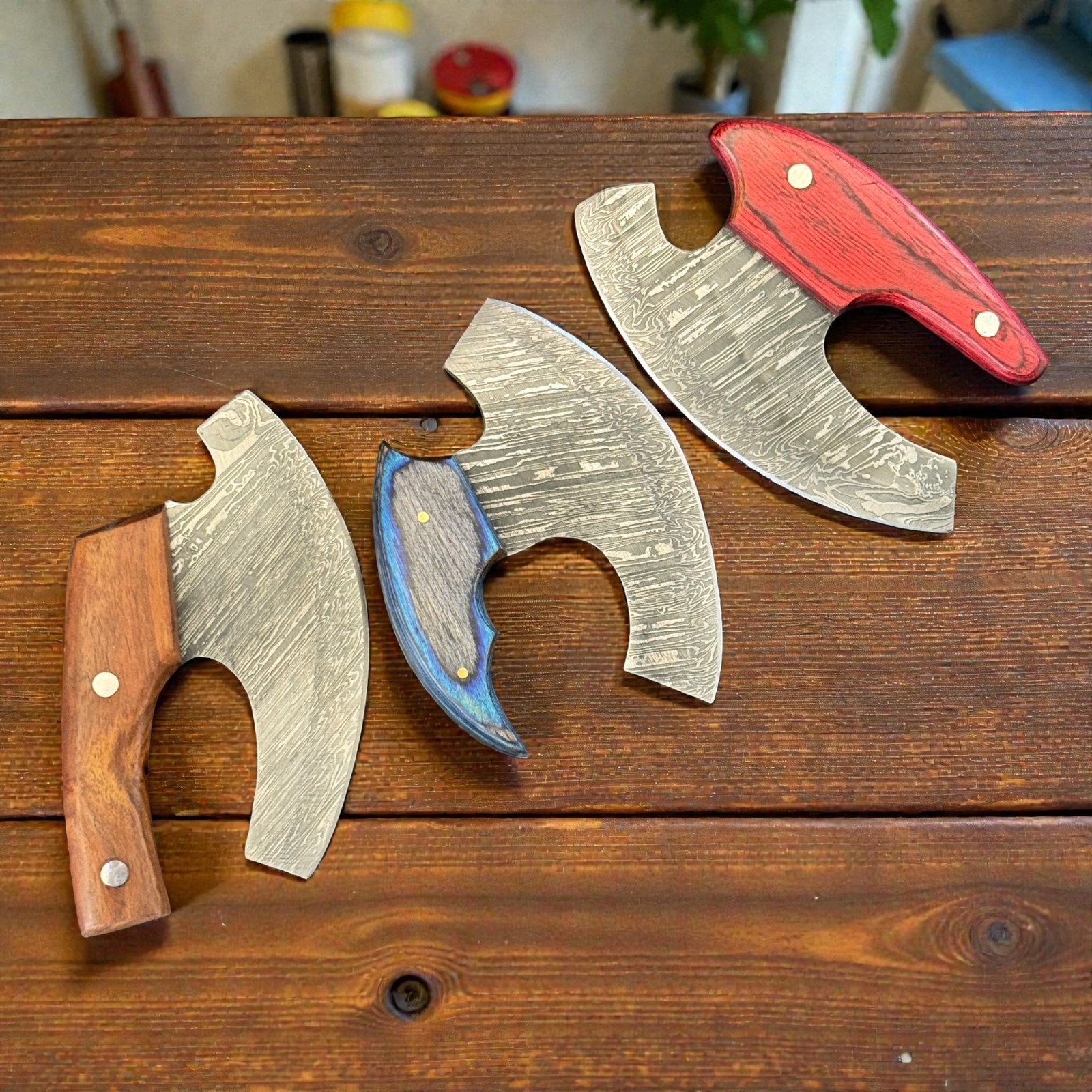 ULU Knife | Lot of 3 | Damascus Steel | Pakka Wood | Handmade | D1222