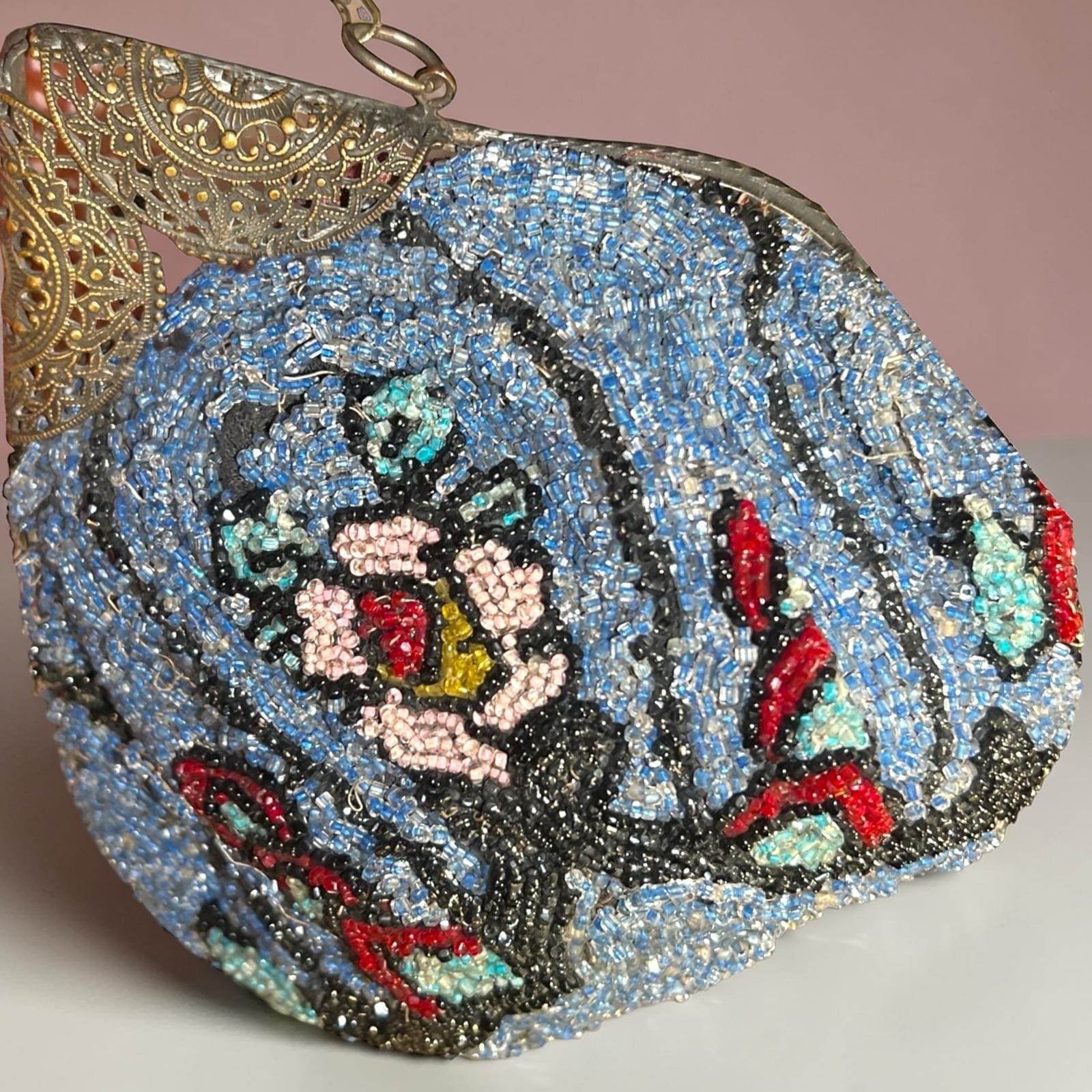 Antique 1920s Art Deco Micro Beaded Flapper Purse Floral Czech Glass Evening Bag