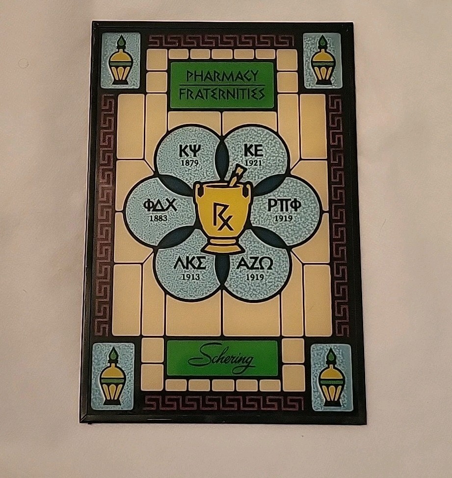Vtg Pharmacy Stained Glass Style Window Advertising Schering Pharmacy 9x6x1/4”
