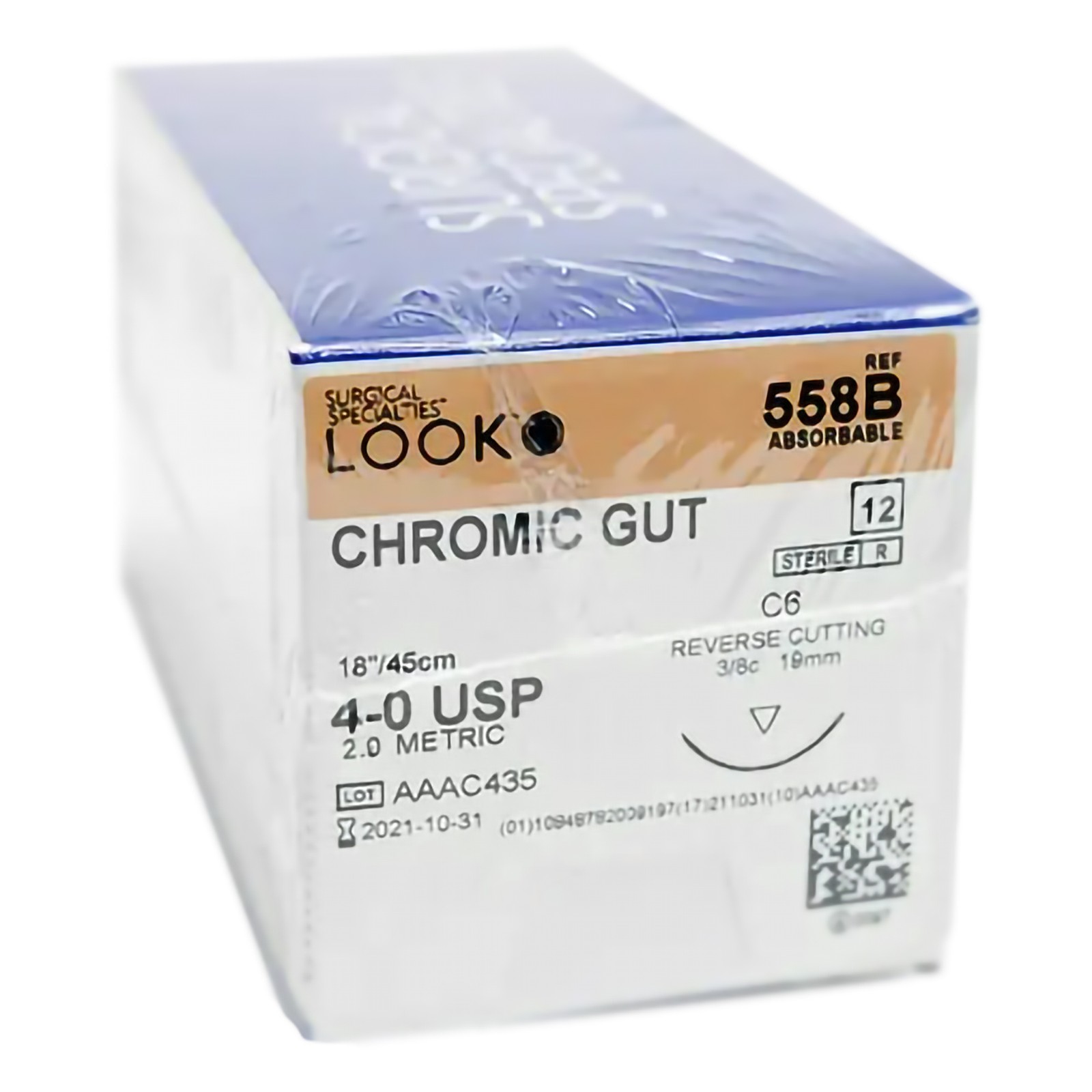 Look X558B Chromic Gut Absorbable Sutures 4-0 18" C6 3/8 Circle 19mm 12/Pk