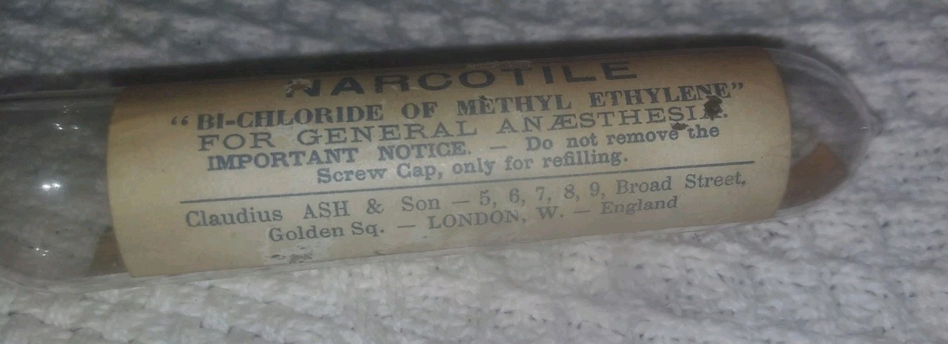 Antique Dr. Bengue Narcotile Ethyl Chloride Glass Ampoule