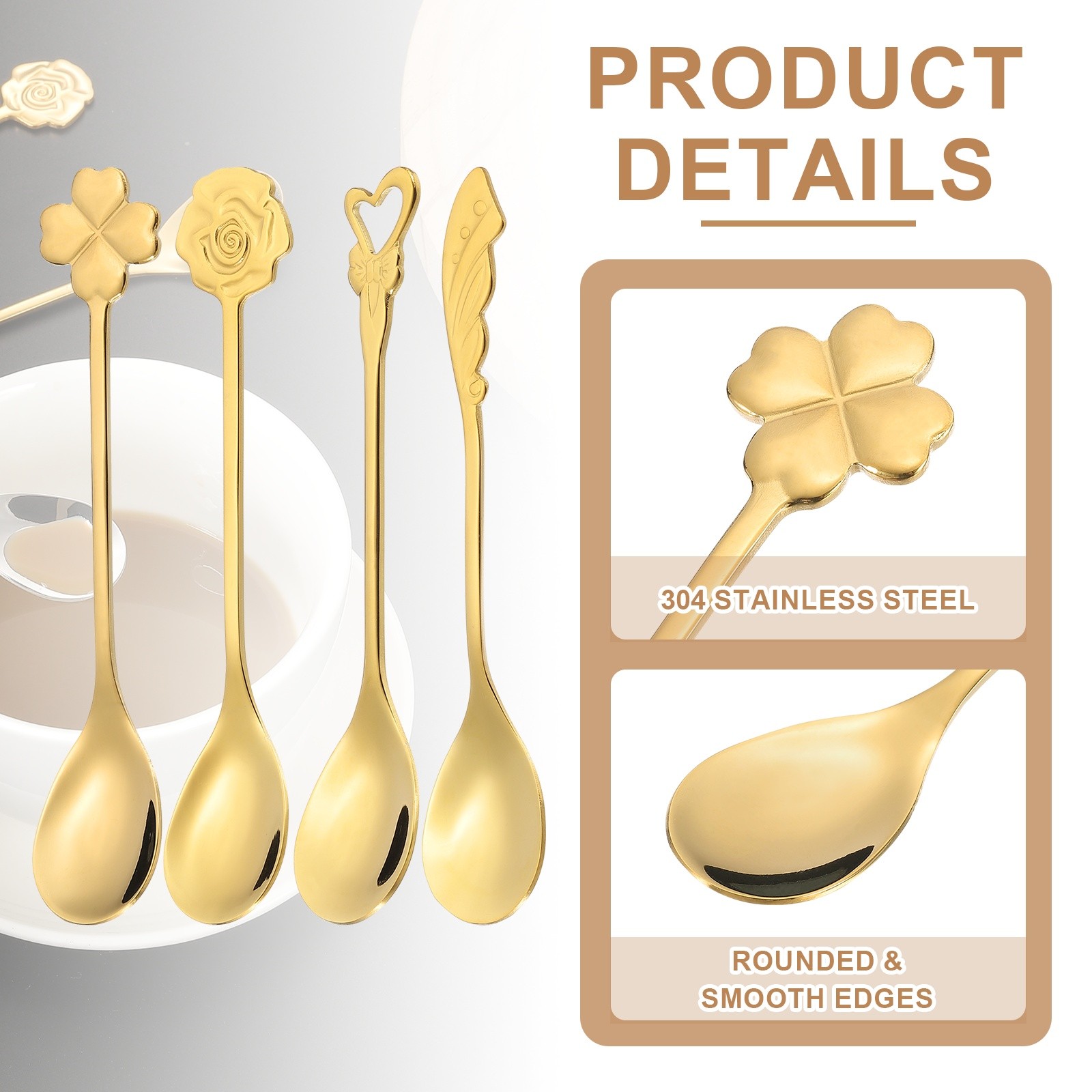4pcs Coffee Spoons, 4 Shapes Tea Spoons Stainless Steel, Gold