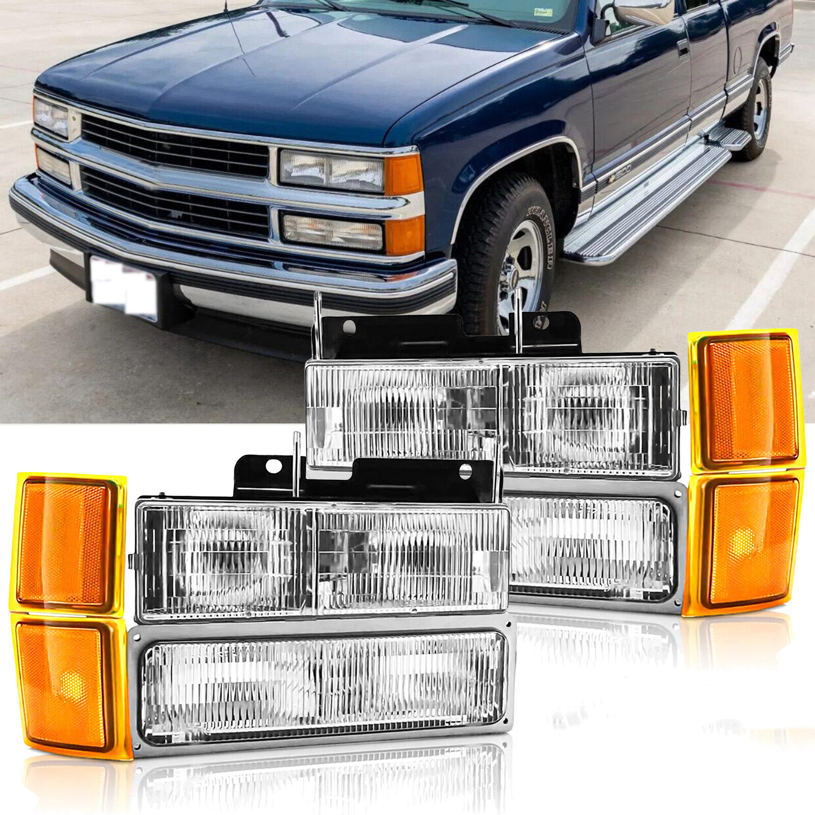 For 1994-1998 Chevy Silverado Headlights OBS C/K 1500 2500 3500 w/ Bumper Lamps