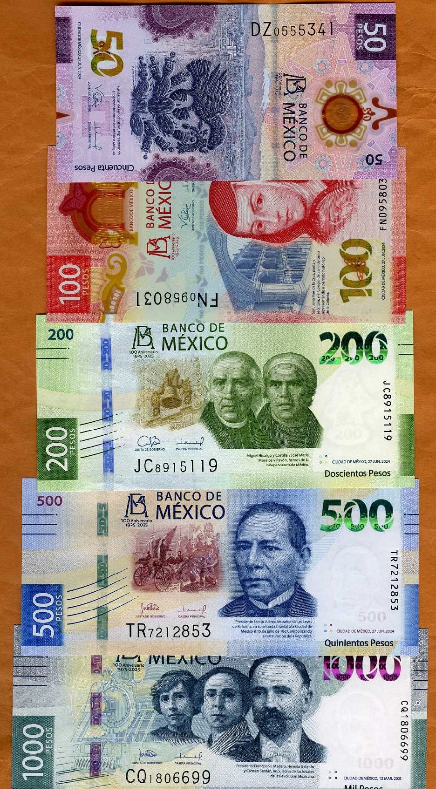 SET Mexico, 50-100-200-500-1000 Pesos, 2024 (2025), P-New UNC Commemorative