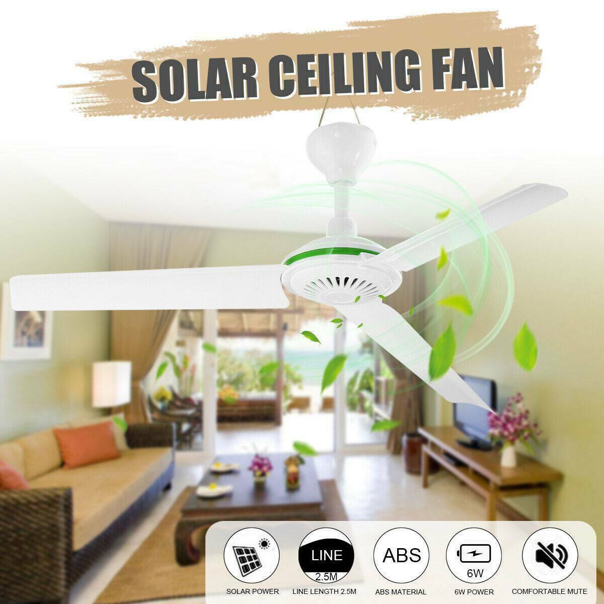 12V 20'' Solar Ceiling Fan Portable 3 Blade w/ 6W Switch Camping Caravan 330 RPM