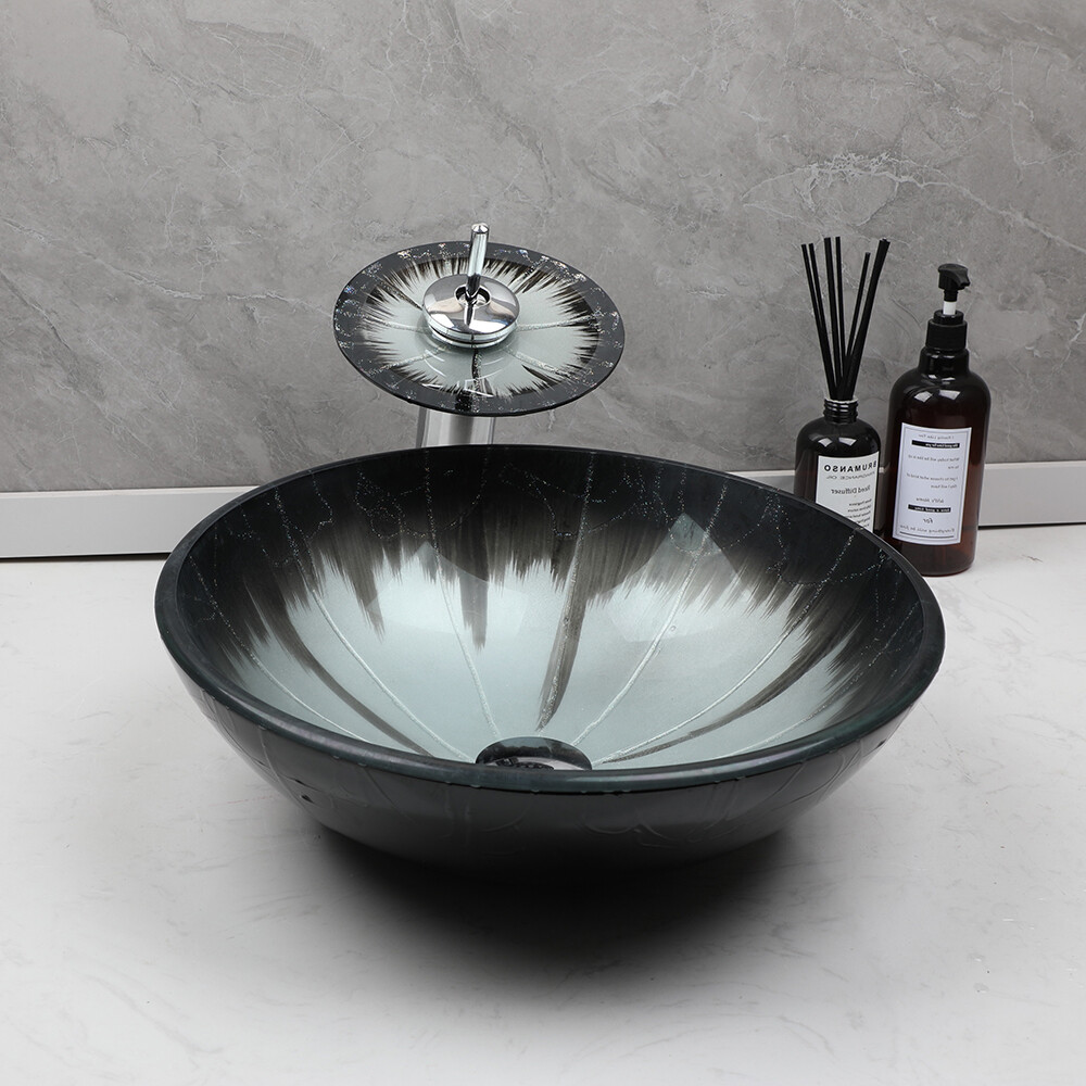 US Bathroom Vessel Sink Washing Round Tempered Glass Bowl Faucet Mixer Tap Combo