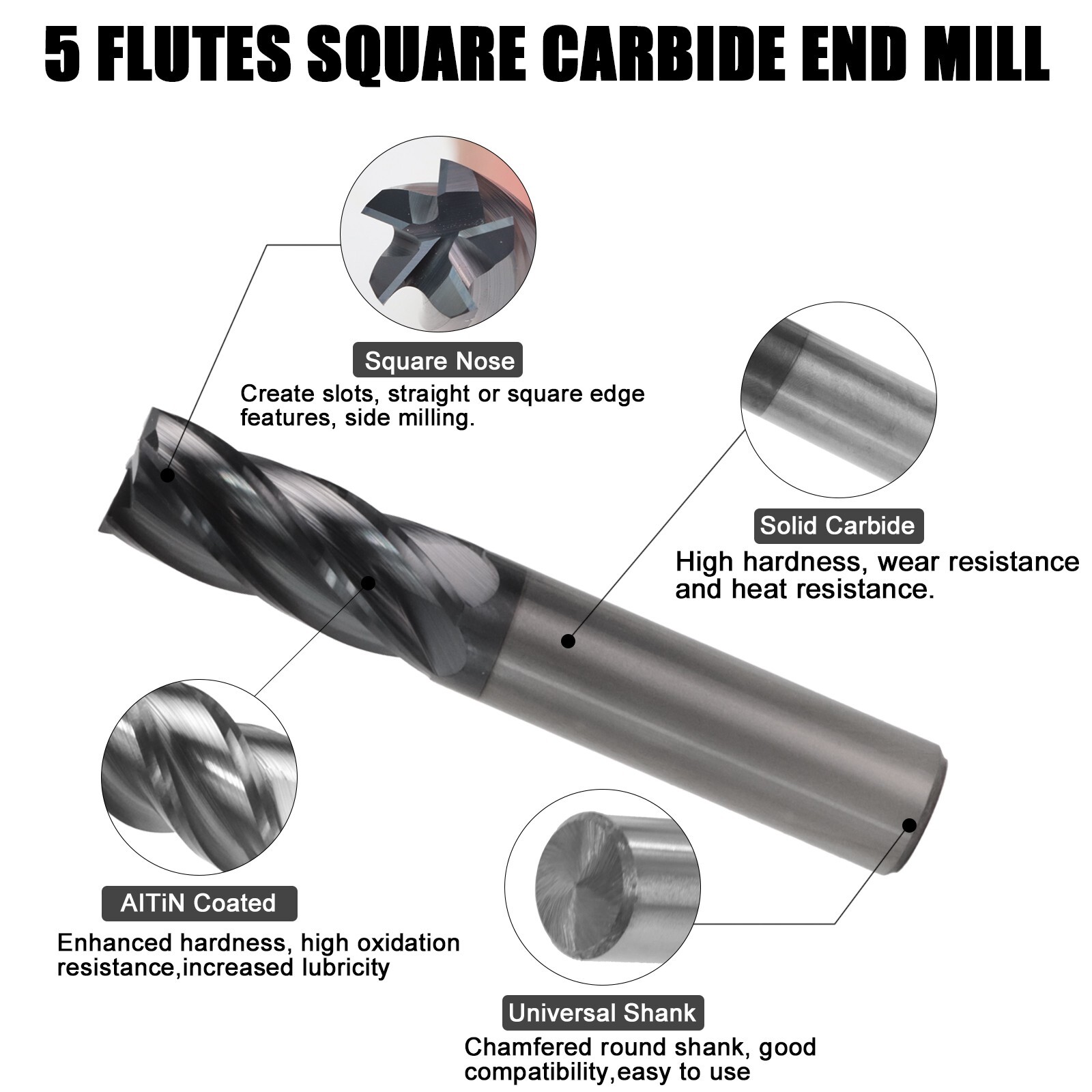 1PCS 1/2" 5 FLUTE CARBIDE END MILL - SQUARE END - AlTiN Coated