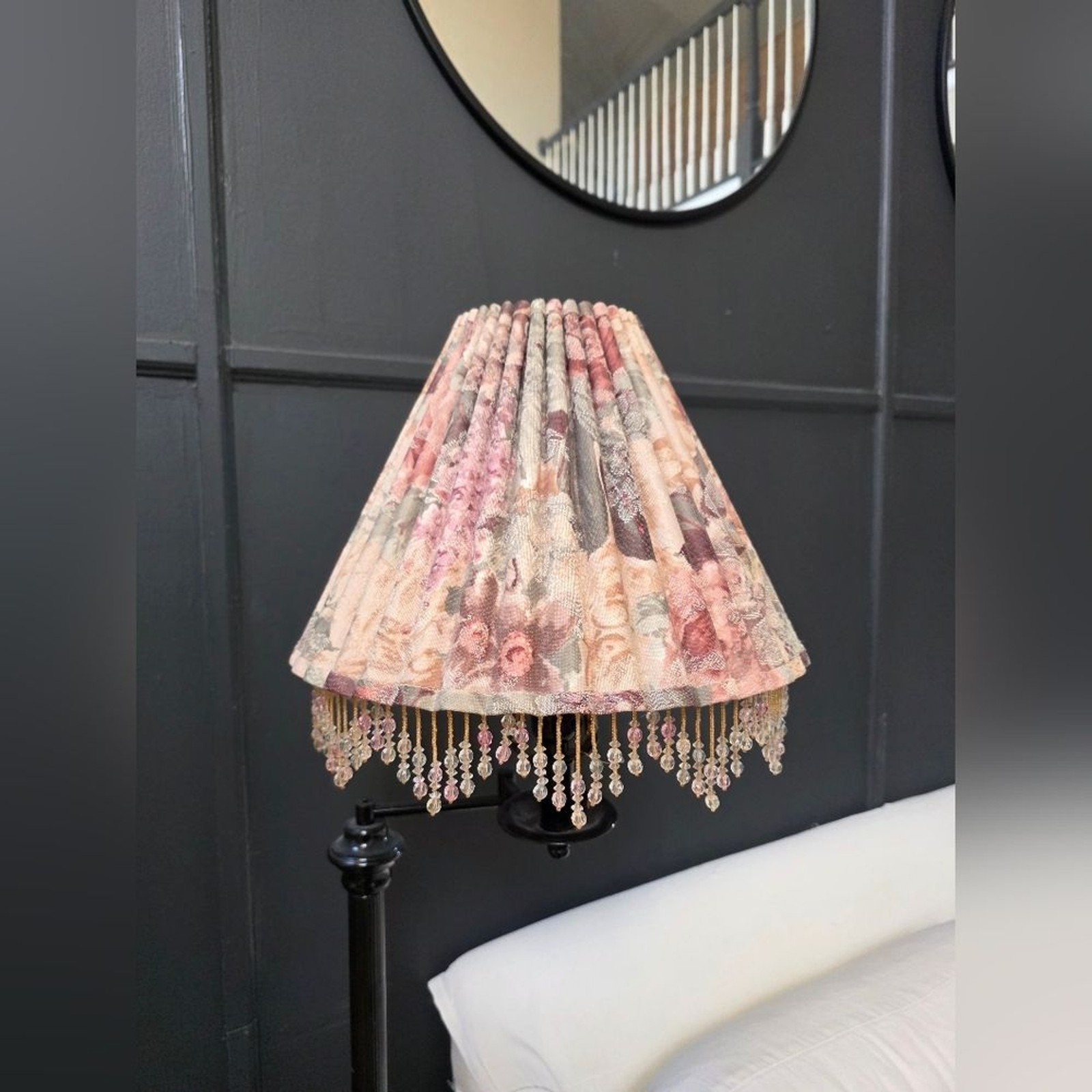 Vtg Threshold Home Brand Champagne Bell Lamp Shade Pleated Fabric Beaded Fringe