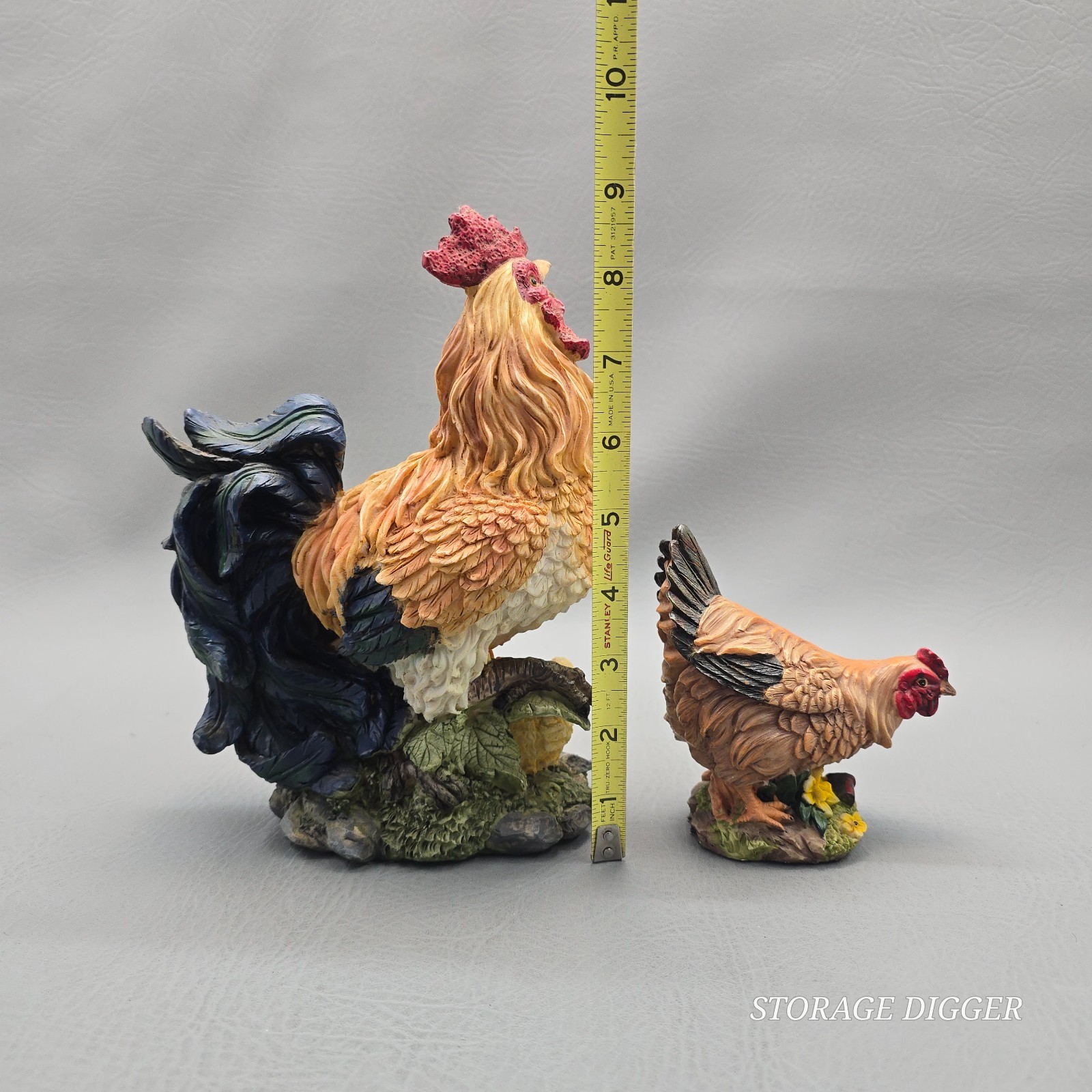 Vintage Resin Rooster and Hen Animal Figurines Farmhouse Decor 2 Pcs 9 in