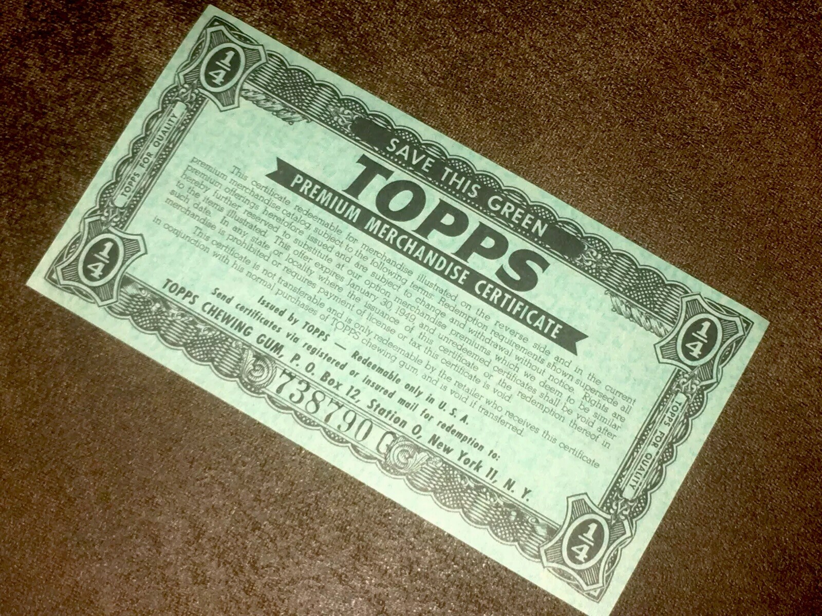 Vintage 1949-1951 Topps Chewing Gum Retailer’s Premium Certificate, Prizes