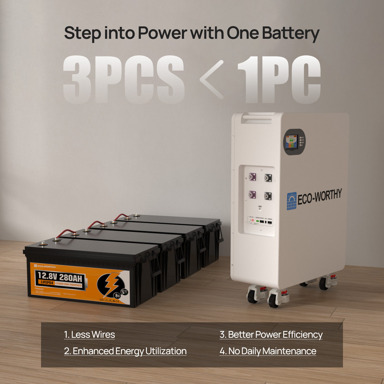 ECO-WORTHY 14kWh 48V 280AH LiFePO4 Battery Vertical Standing Solar Backup UPS
