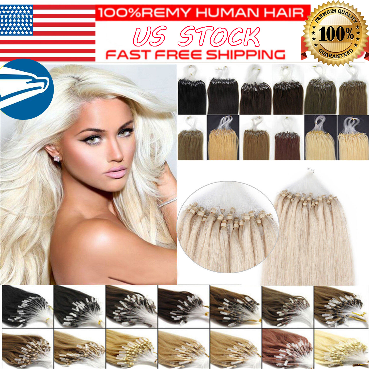 Micro Ring Loop Tip Remy Human Hair Extensions Straight Micro Beads Link Hair US