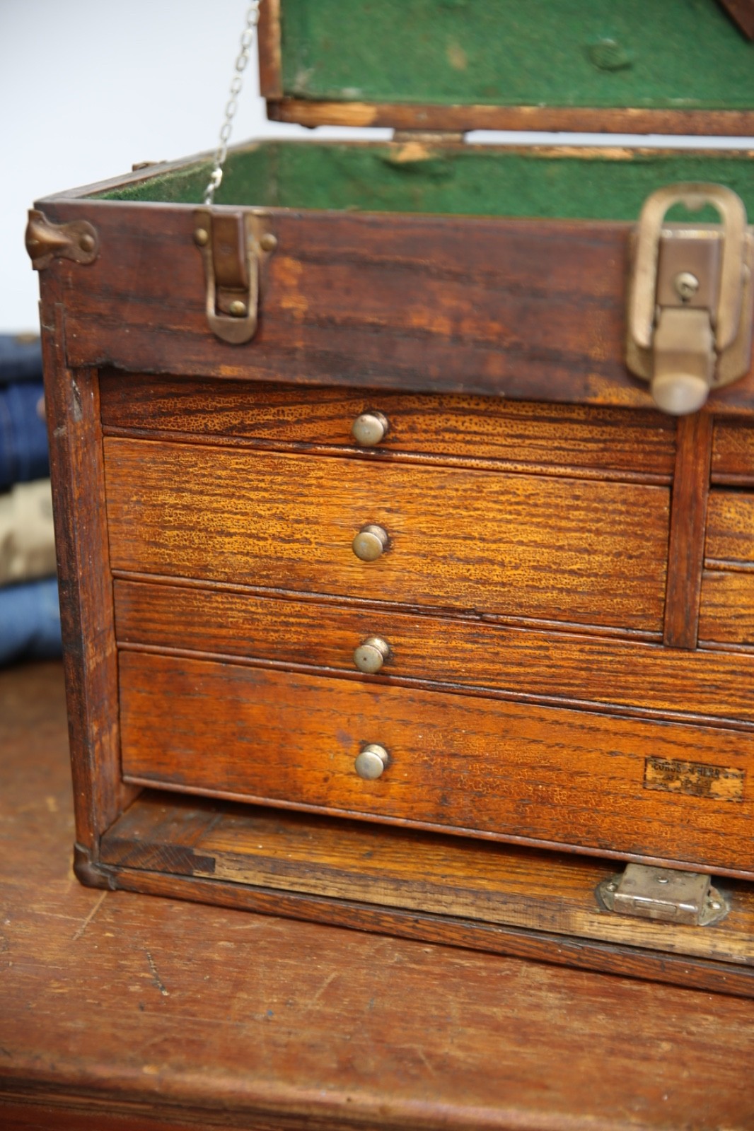 Antique Machinist Tool Box oak chest Wood Jewelry box 7 Drawer Vintage case