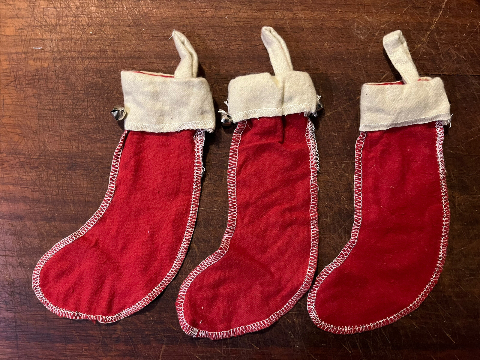 3 Vintage Style Red Felt Merry Christmas stockings Jingle Bells Santa Reindeer