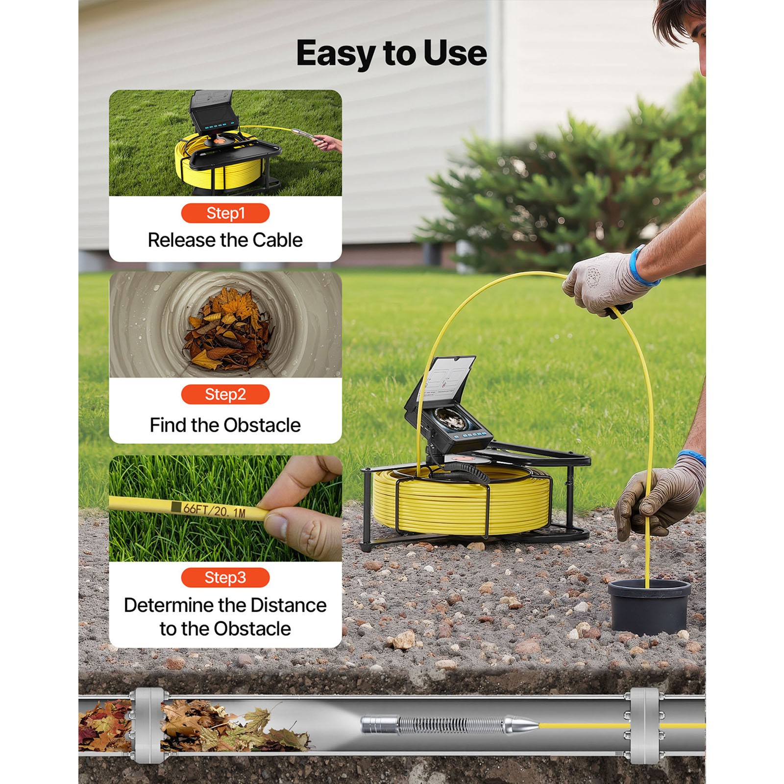 Uimoso 98 ft / 30 m Sewer Camera Pipe Inspection Camera w/ 4.3" HD Screen