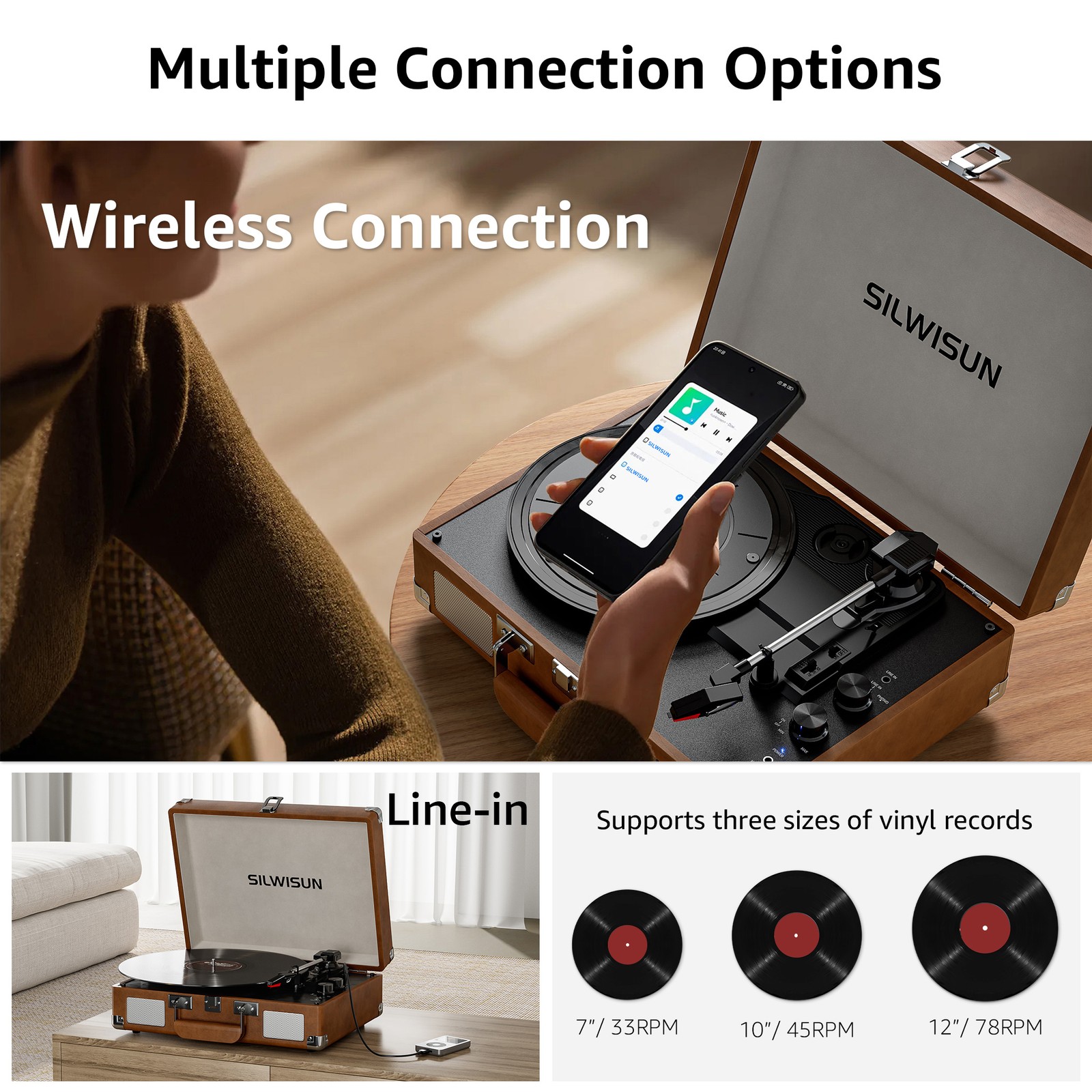 Vinyl Record Player Bluetooth Vintage 3-Speed Portable Suitcase Turntables