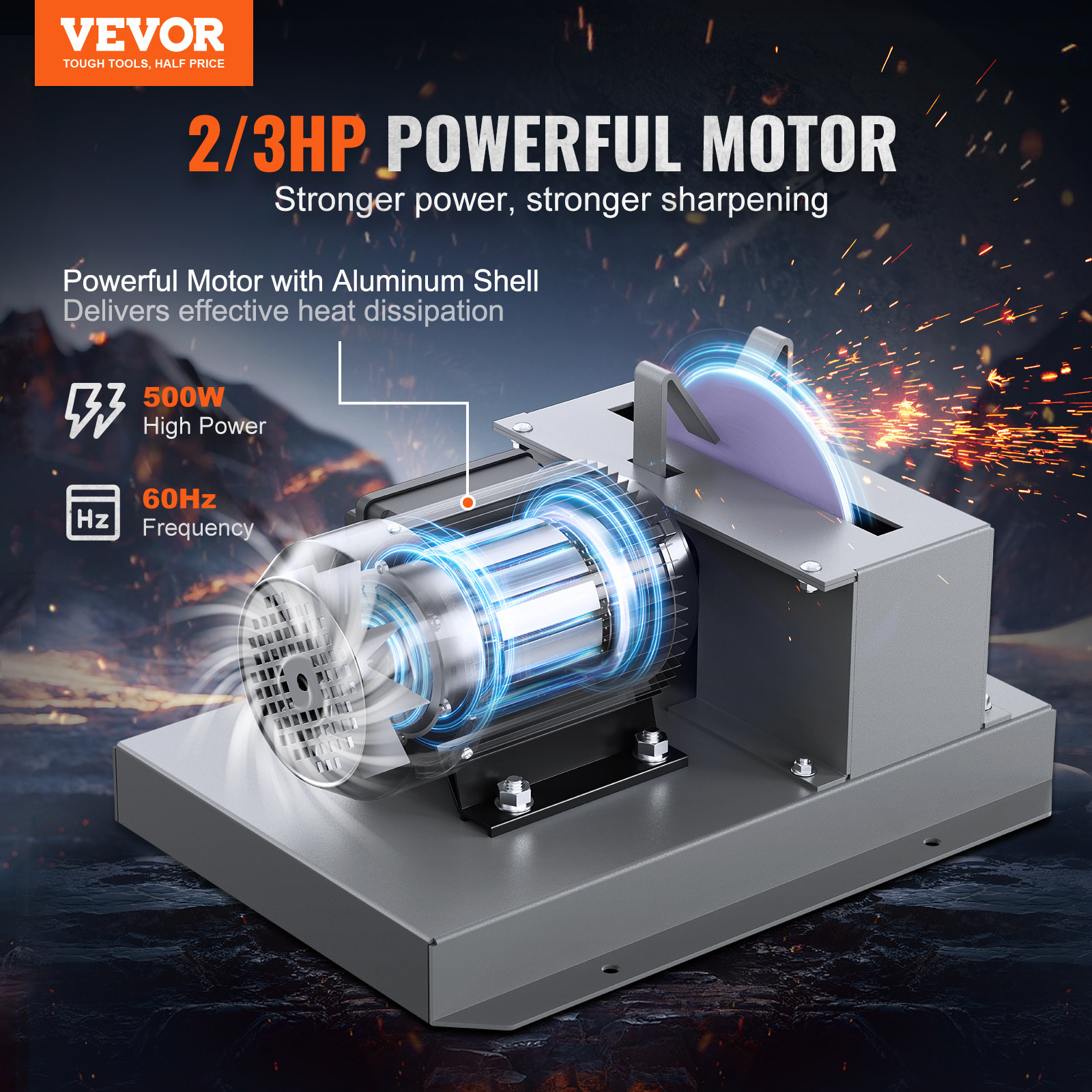 VEVOR Lawn Mower Blade Sharpener 2/3HP 500W with 7-inch Ceramic Grinding Wheel