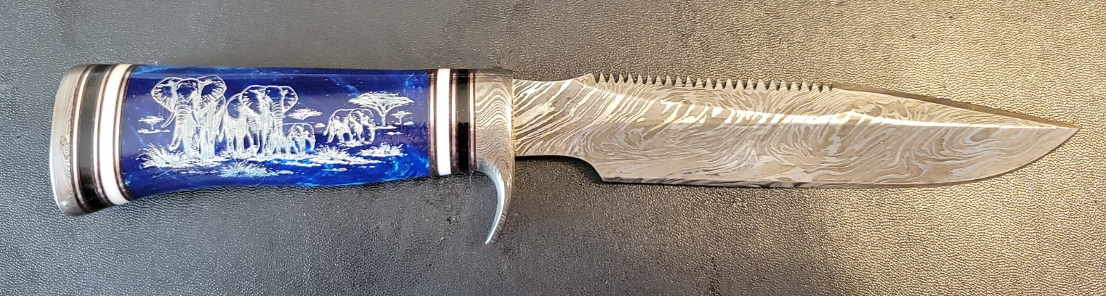 Impact Cutlery Custom Damascus Hunting Knife Engraved Blue Resin handle- 2399