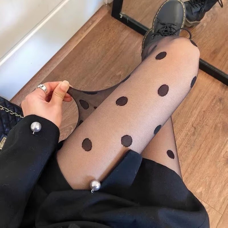 NEW LARGE POLKA DOT PRINT PANTYHOSE SHAPED STOCKINGS TIGHTS BLACK THIN SHEER