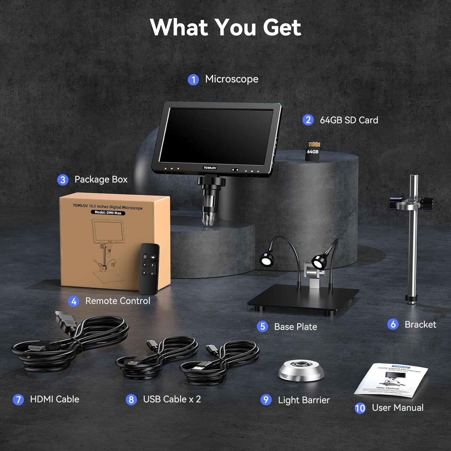 TOMLOV DM9 Max 10.1" HDMI Digital Microscope 5-1500X 20MP Coin Microscope 10 LED