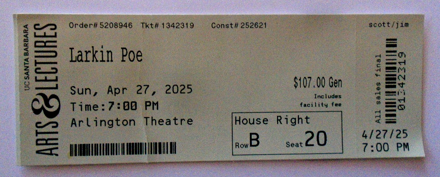 ORIGINAL CONCERT POSTER & TICKET_LARKIN POE_US-CA TOUR_SIGNED BY 2_SANTA BARBARA