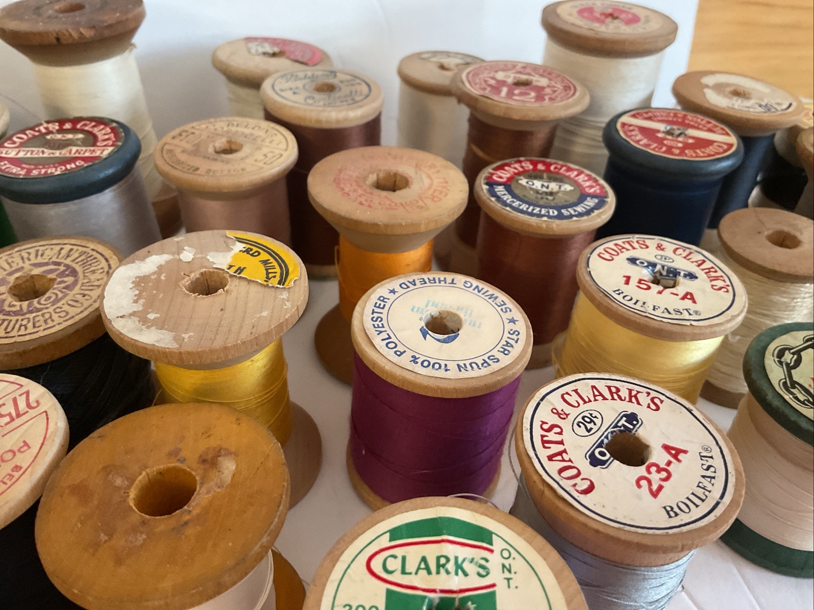 Vintage Lot of 40 Wooden Sewing Thread Spools Crafts Various Brands Full Partial