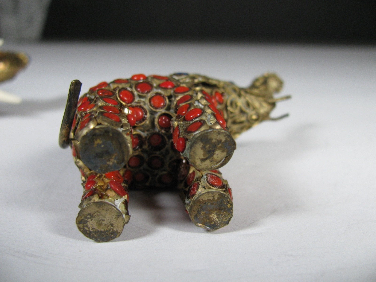 Lot 2 Vintag Tibet or Nepal Elephant Brass Lapis Coral Inlaid Filigree Figurine