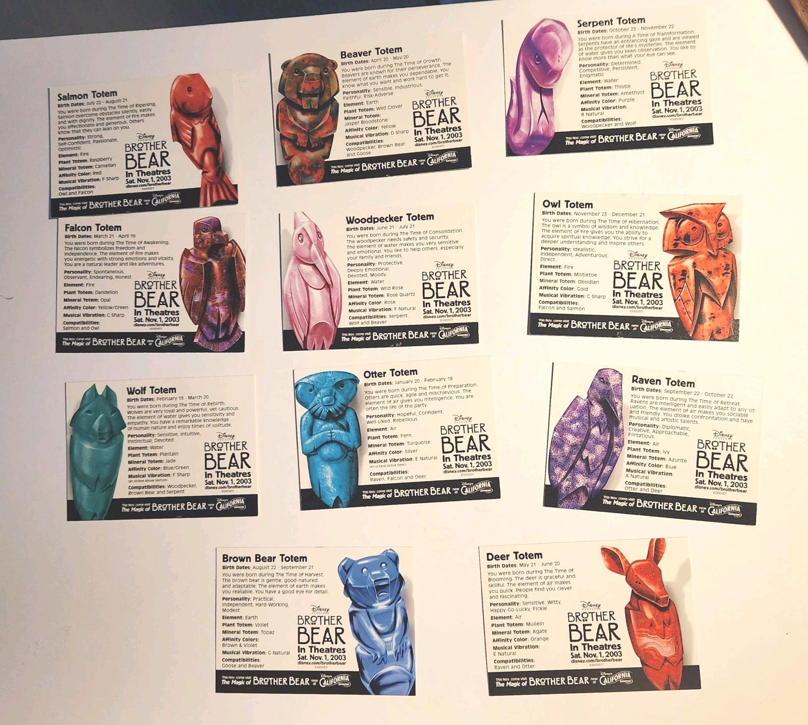 DISNEY STUDIOS 2003 BROTHER BEAR RARE MOVIE COLLECTIBLE TOTEM CARDS 11 DIFFERENT